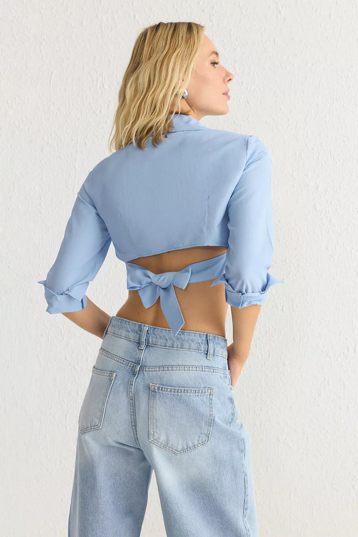Blue Crop Woven Back Detail Shirt, , large image number 0