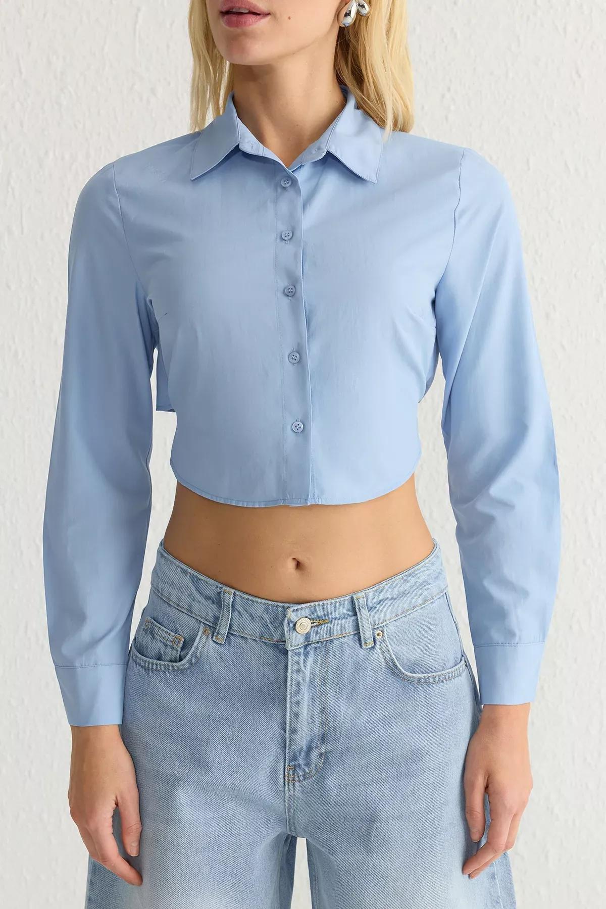 Blue Crop Woven Back Detail Shirt, , large image number 3
