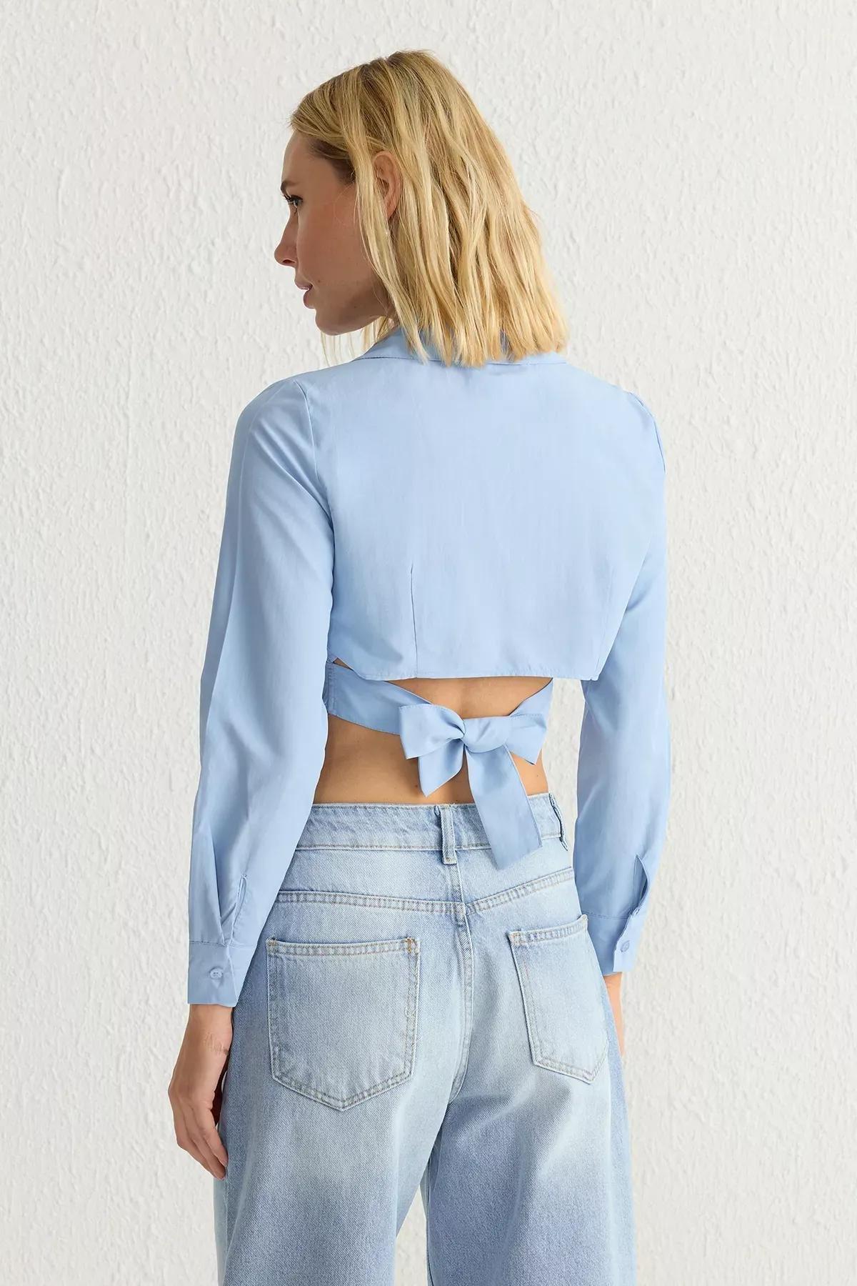 Blue Crop Woven Back Detail Shirt, , large image number 4