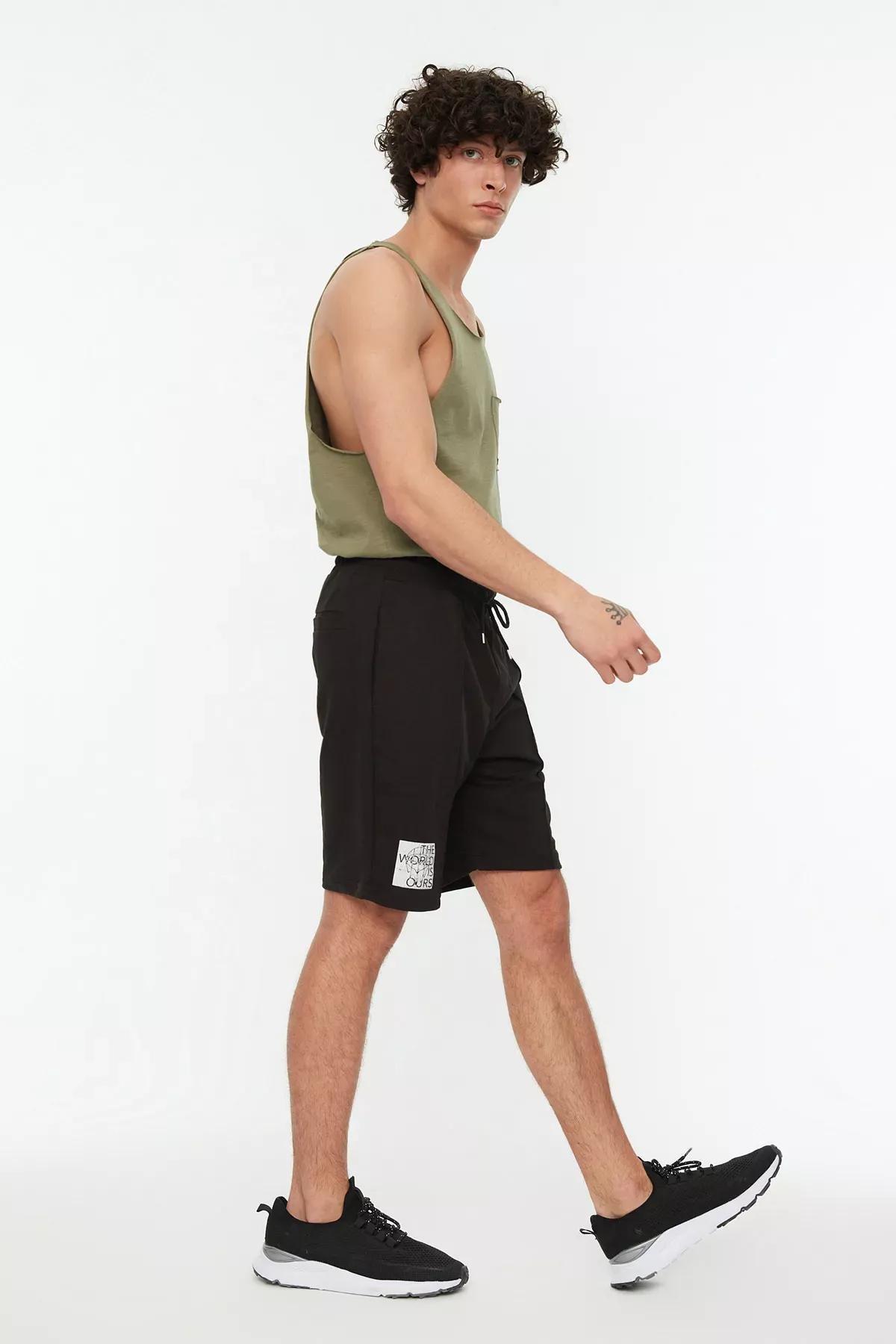 Black Printed Mid Waist Shorts, Black, medium