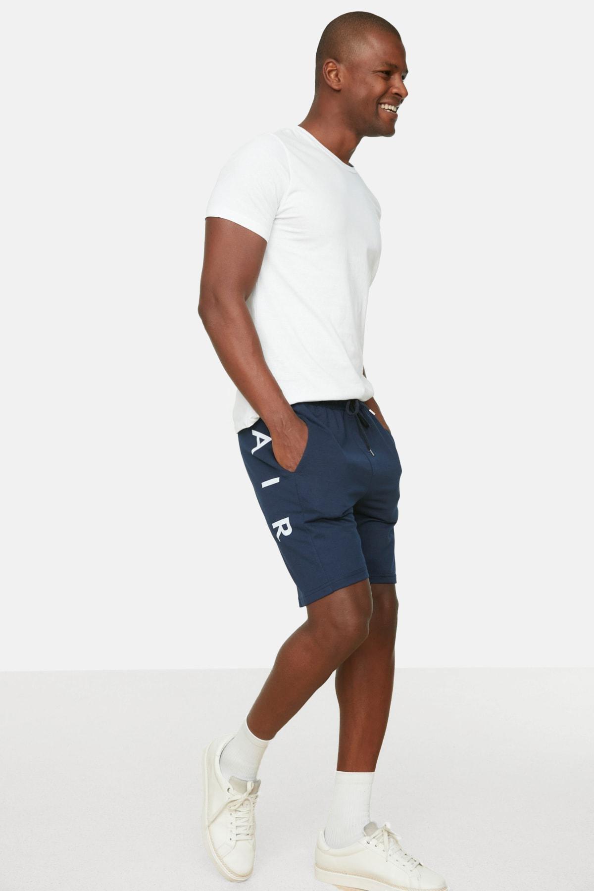 Navy Printed Mid Waist Shorts, , large image number 0