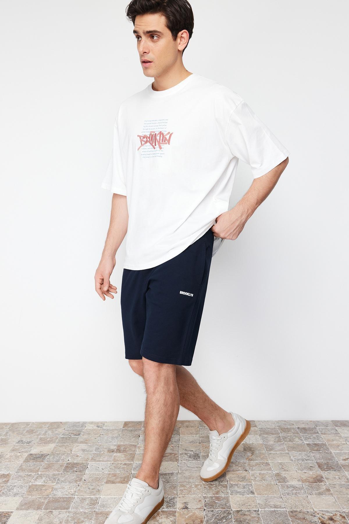 Navy Printed Mid Waist Shorts, , large image number 1