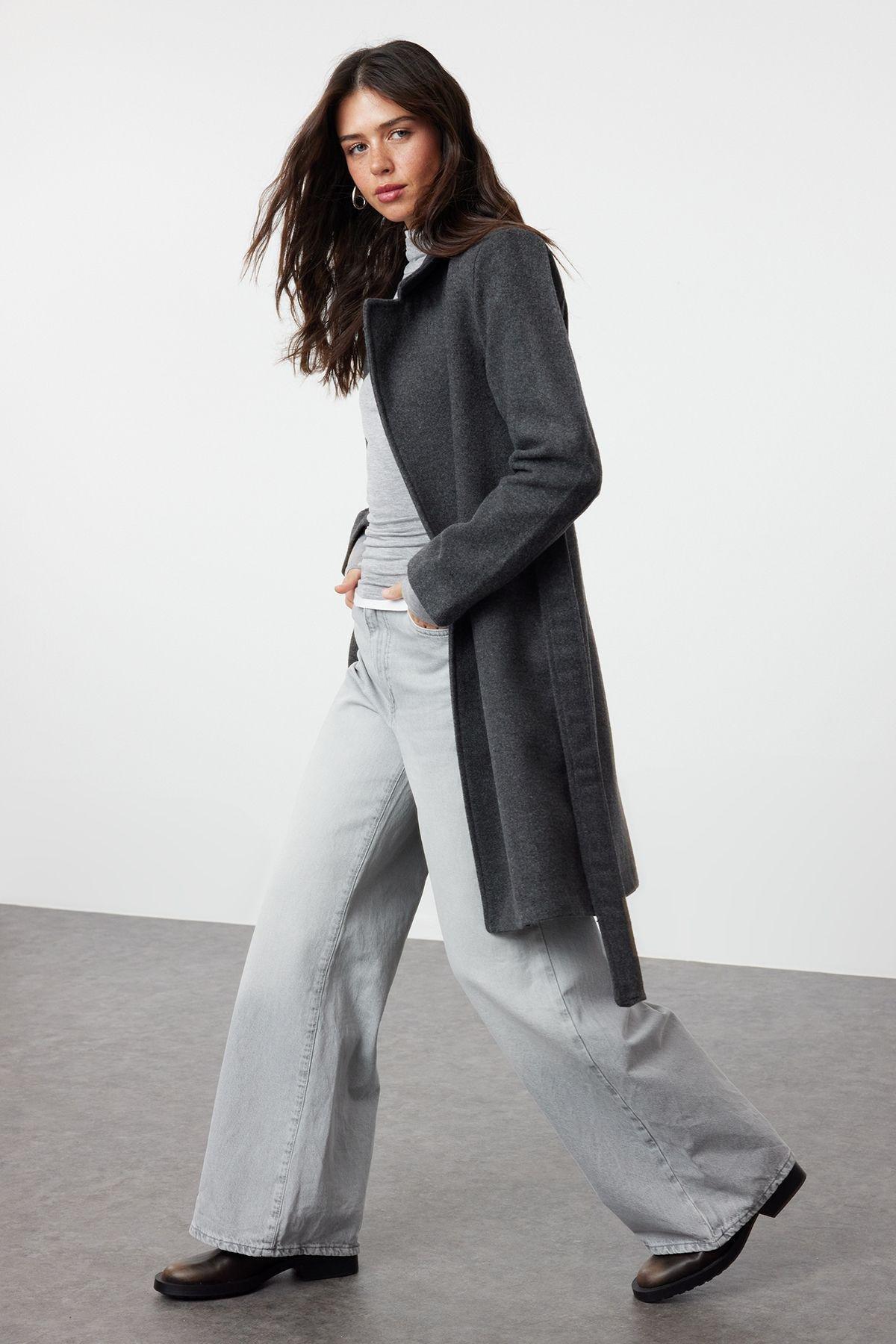 Anthracite Belted Long Wool Cashmere Coat TWOAW20KB0033, single, , large image number 0