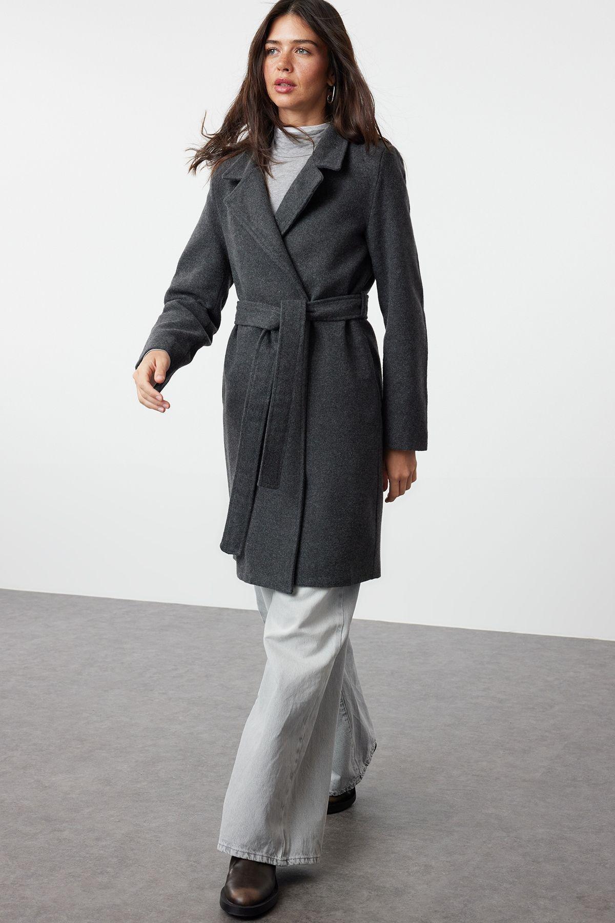 Anthracite Belted Long Wool Cashmere Coat TWOAW20KB0033, single, , large image number 1