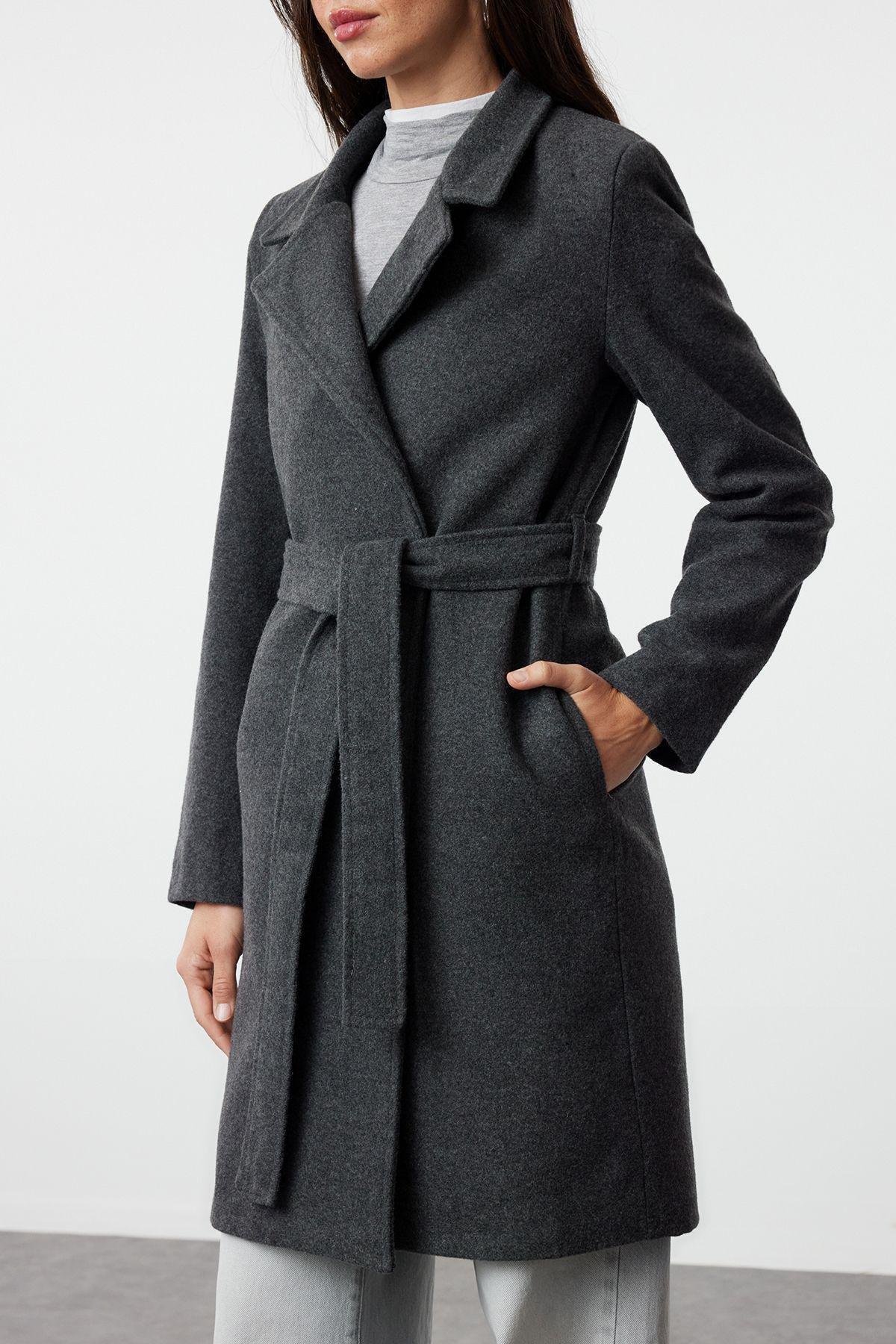 Anthracite Belted Long Wool Cashmere Coat TWOAW20KB0033, single, , large image number 3