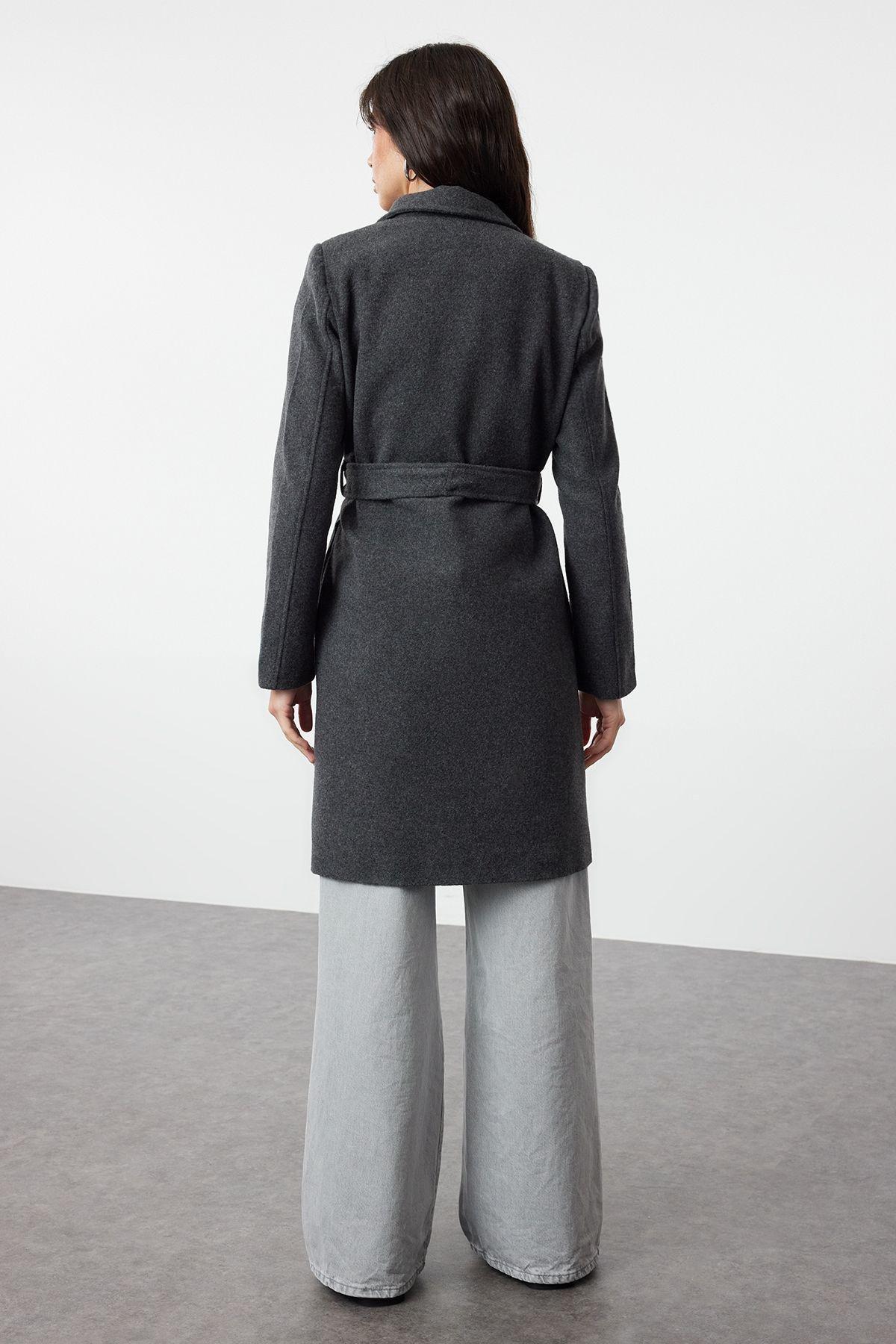 Anthracite Belted Long Wool Cashmere Coat TWOAW20KB0033, single, , large image number 4