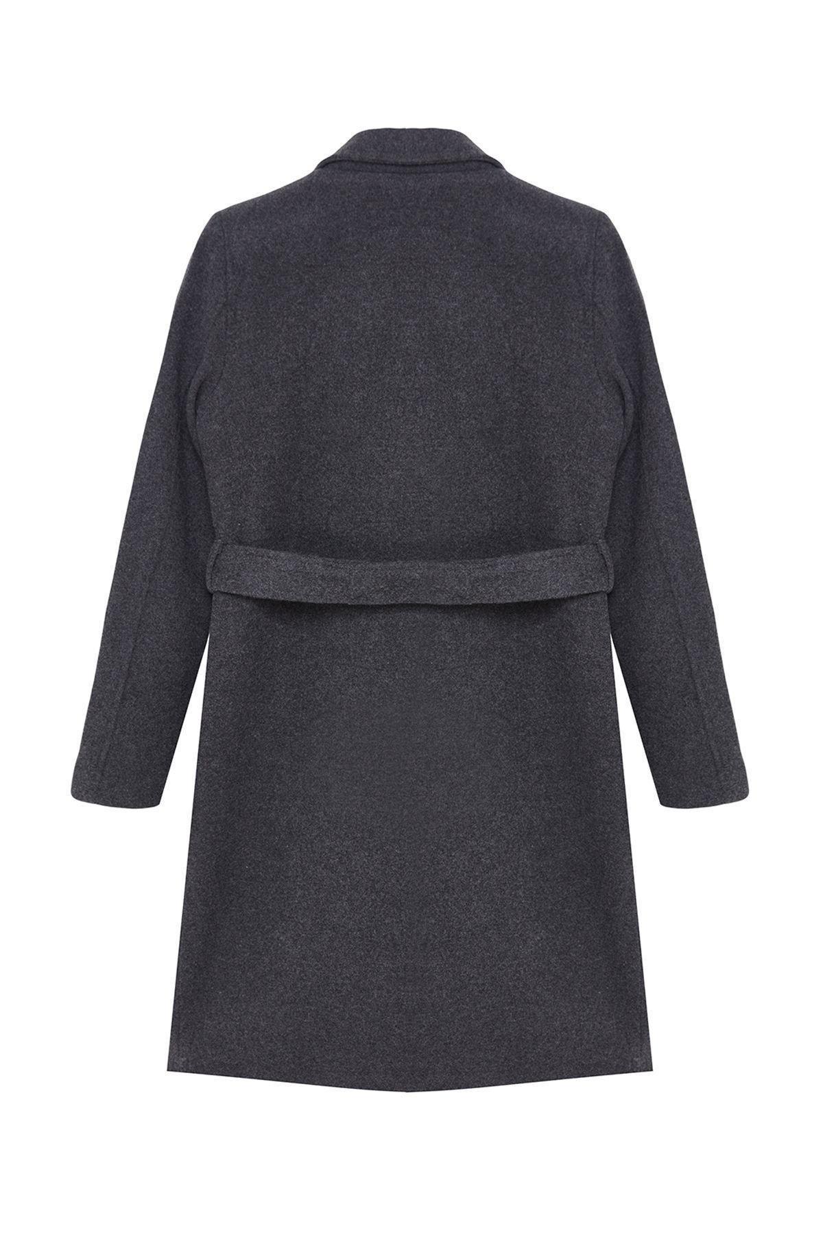 Anthracite Belted Long Wool Cashmere Coat TWOAW20KB0033, single, , large image number 5
