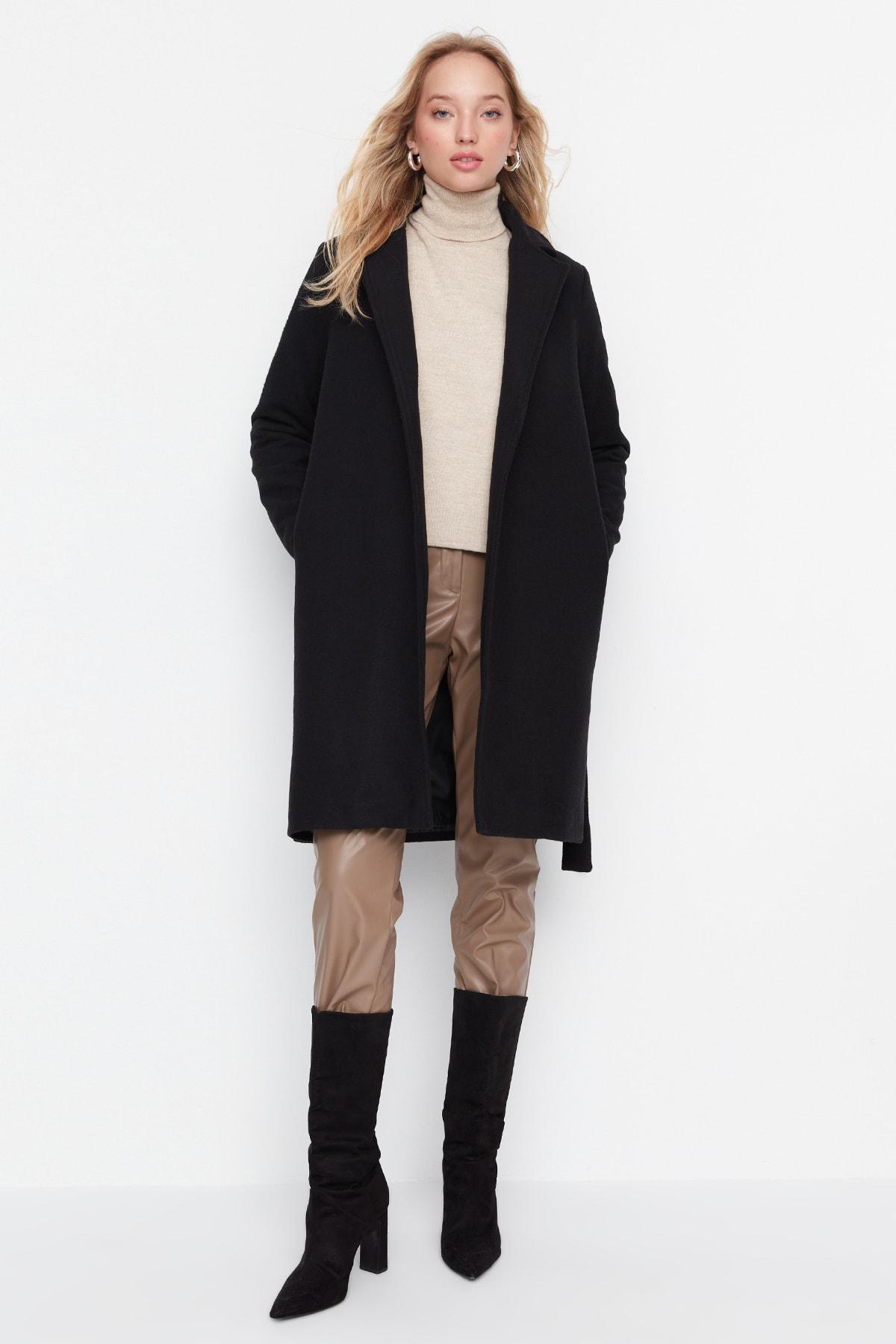 Black Puffer Lapel Collar Coat, , large image number 0