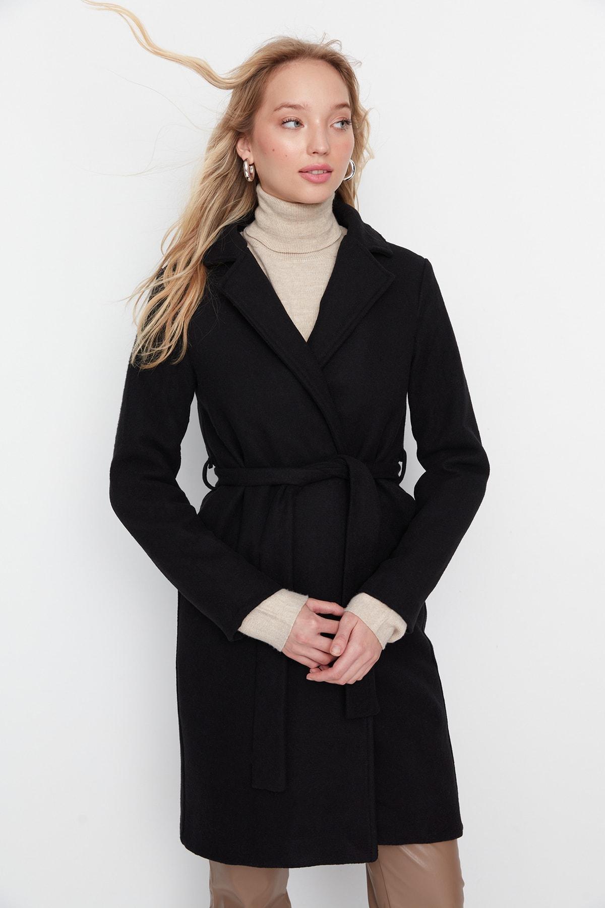 Black Puffer Lapel Collar Coat, , large image number 1