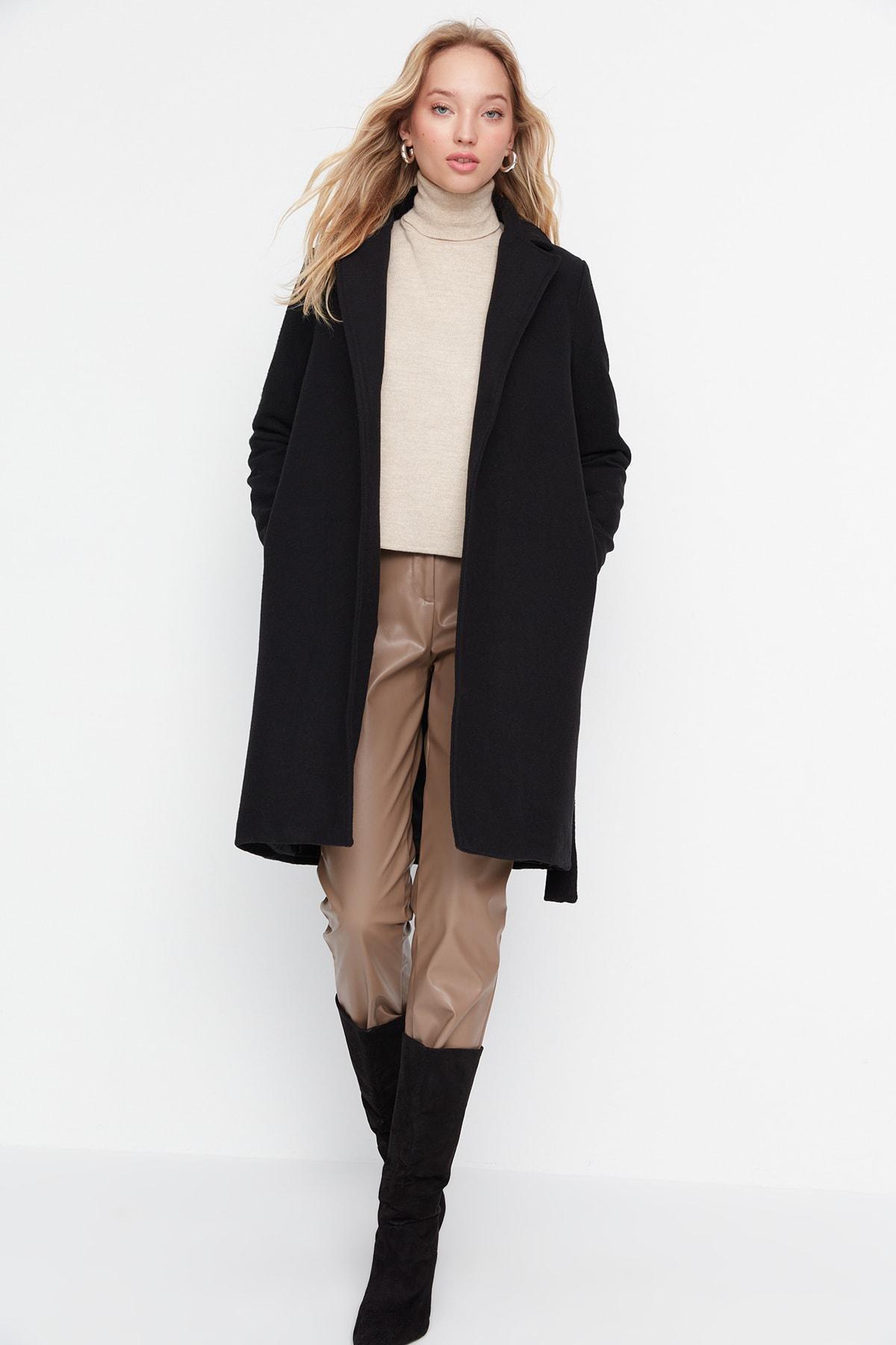 Black Puffer Lapel Collar Coat, , large image number 2