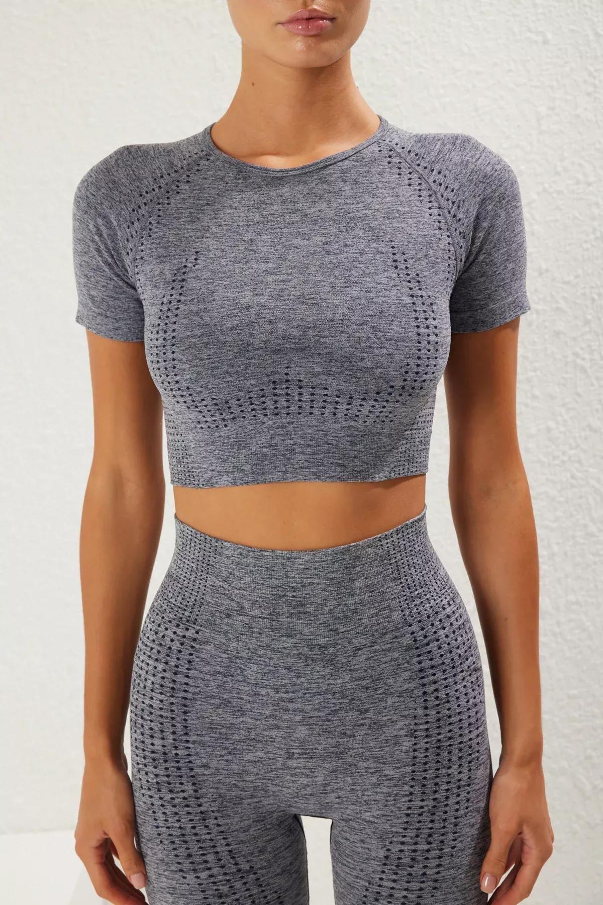 Grey Seamless Crew Neck Top, , large image number 2