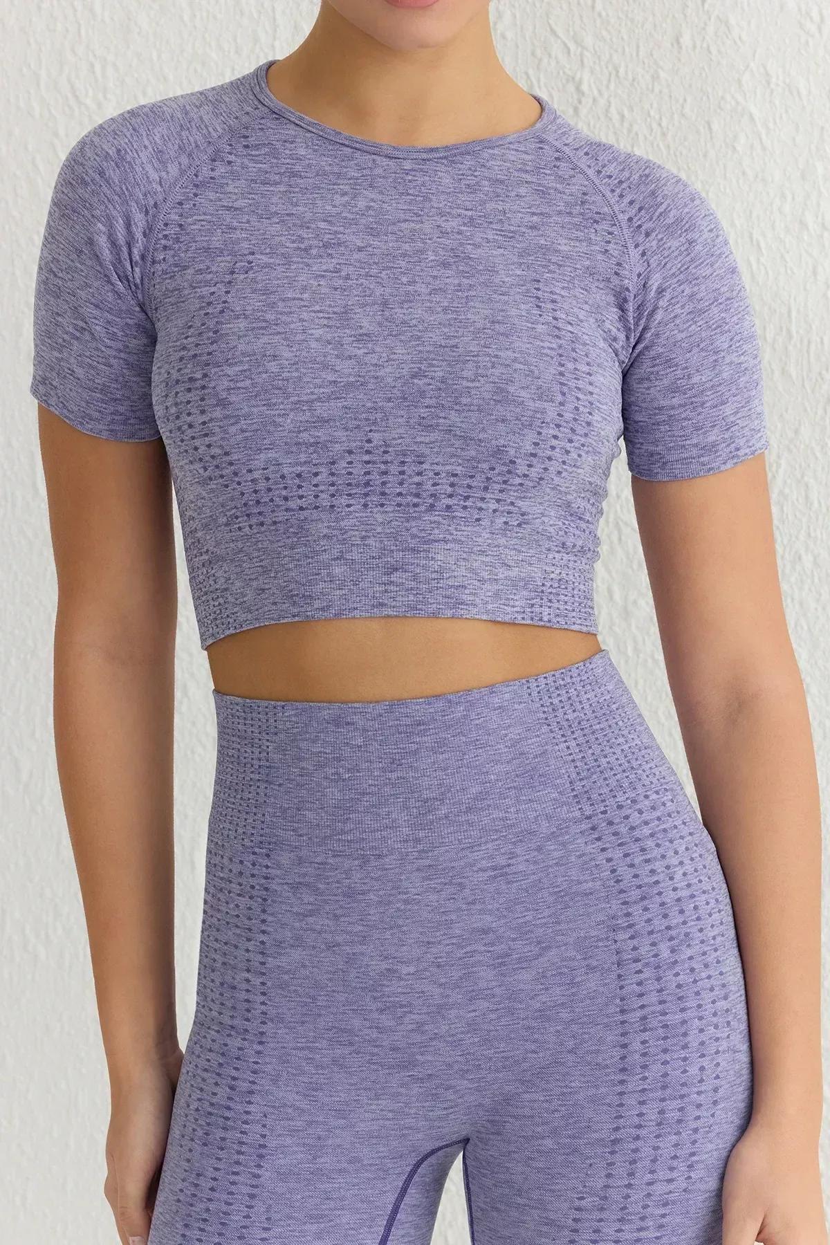 Trendyol - Lilac Crop Seamless/Seamless Crew Neck Knitted Sports Top/Blouse TWOSS21BZ1419, Einzeln