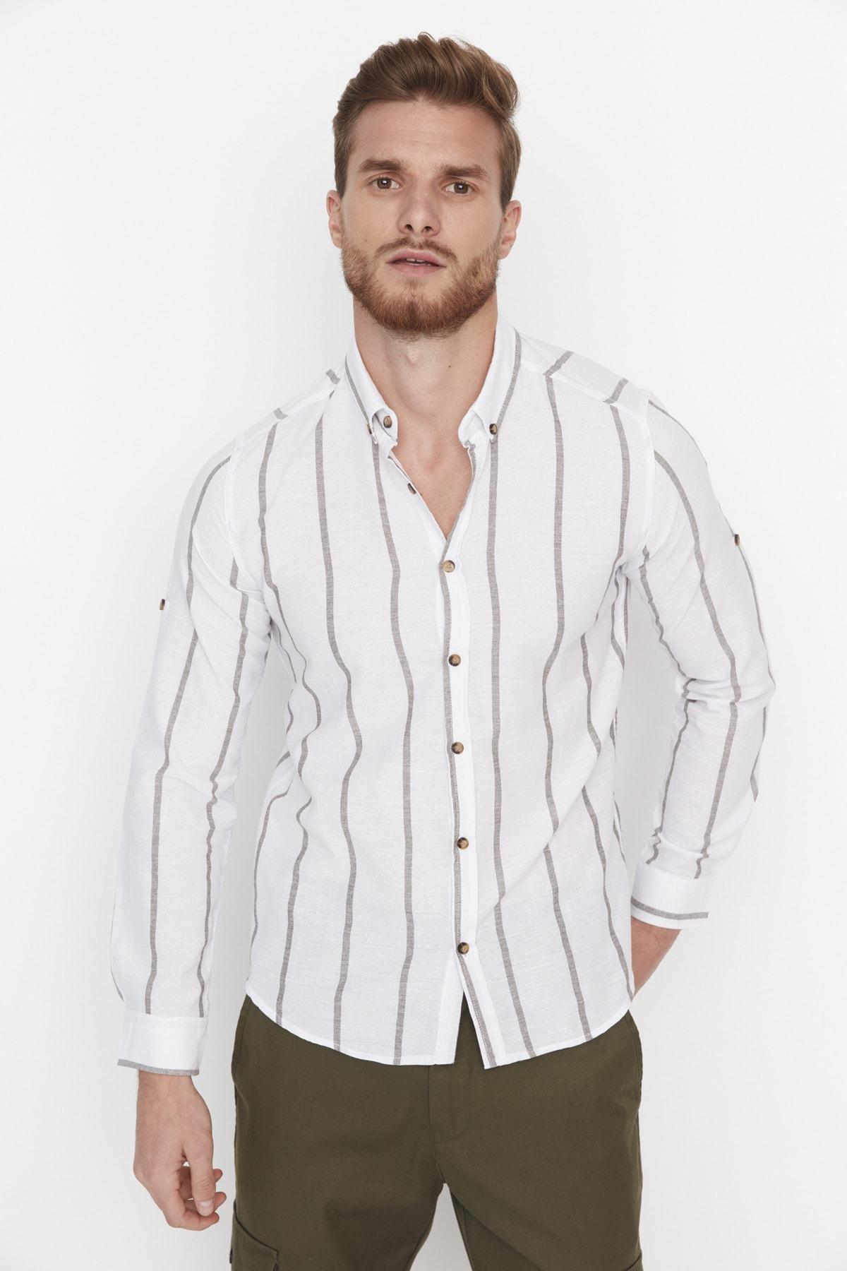 Khaki Striped Slim Shirt, , large image number 0