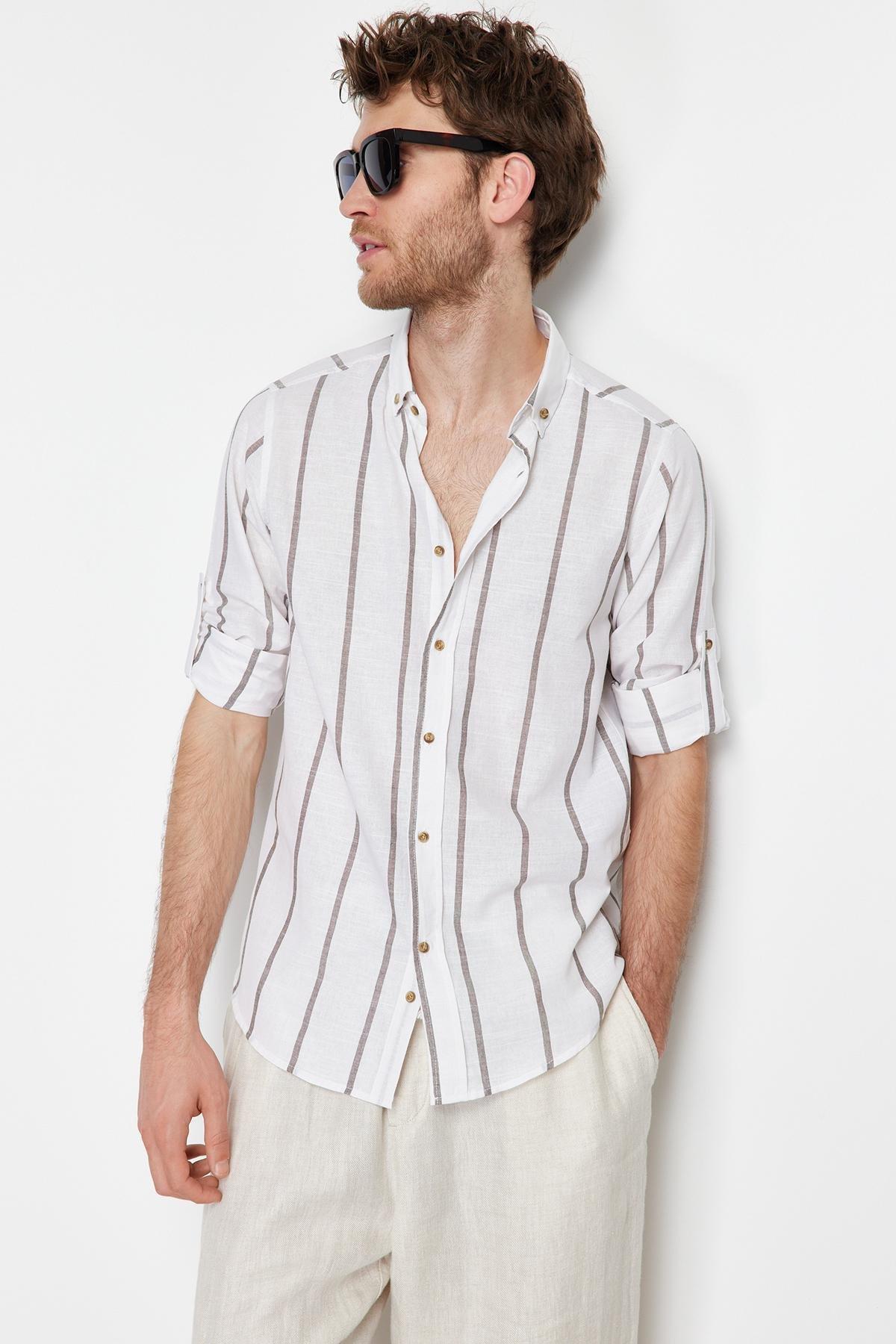 Khaki Striped Slim Shirt, , large image number 1