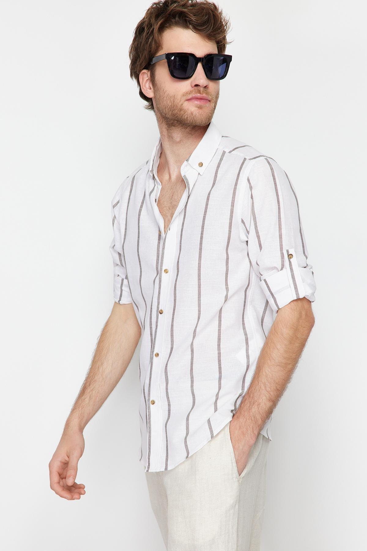 Khaki Striped Slim Shirt, , large image number 2