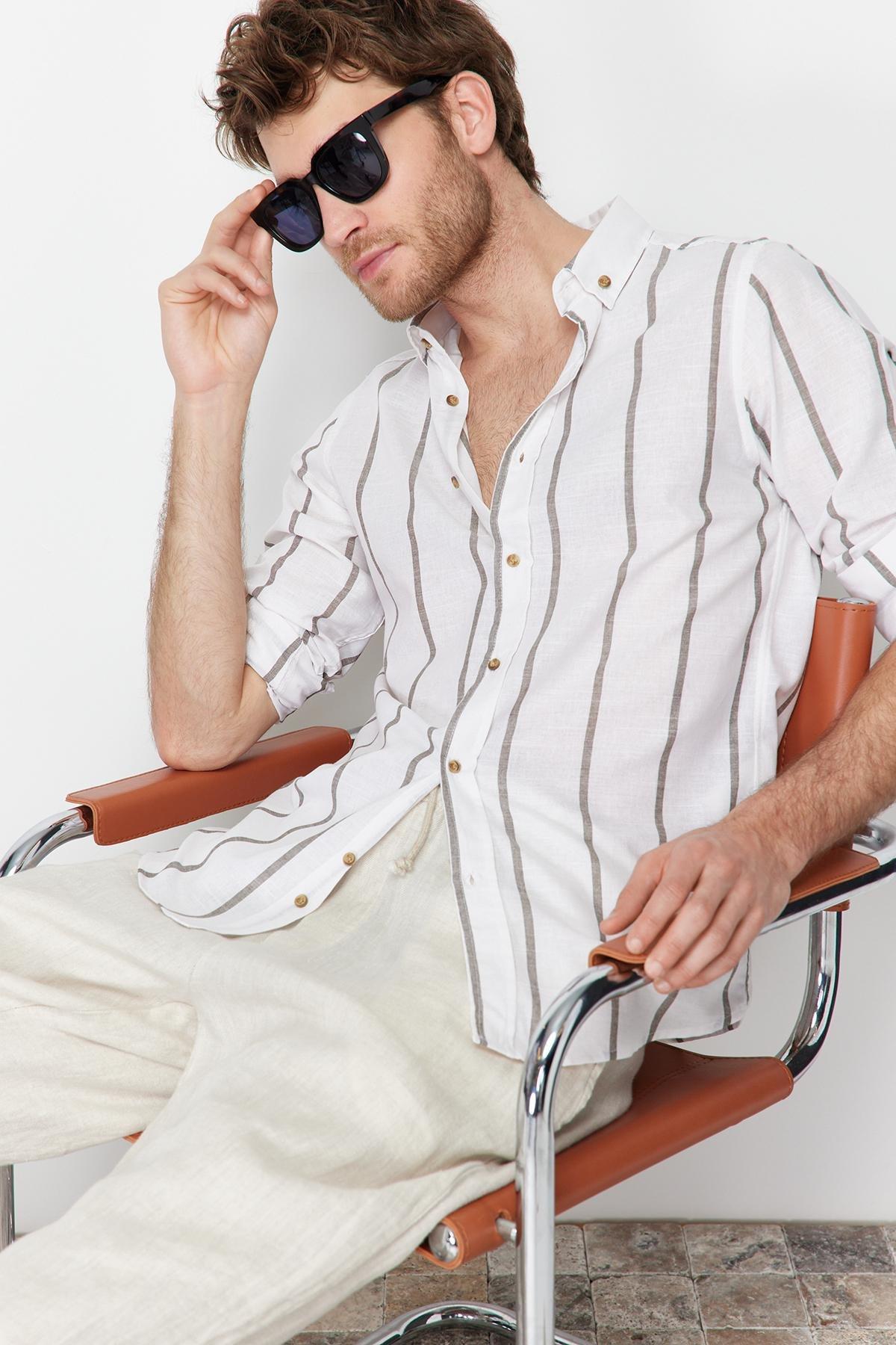Khaki Striped Slim Shirt, , large image number 3