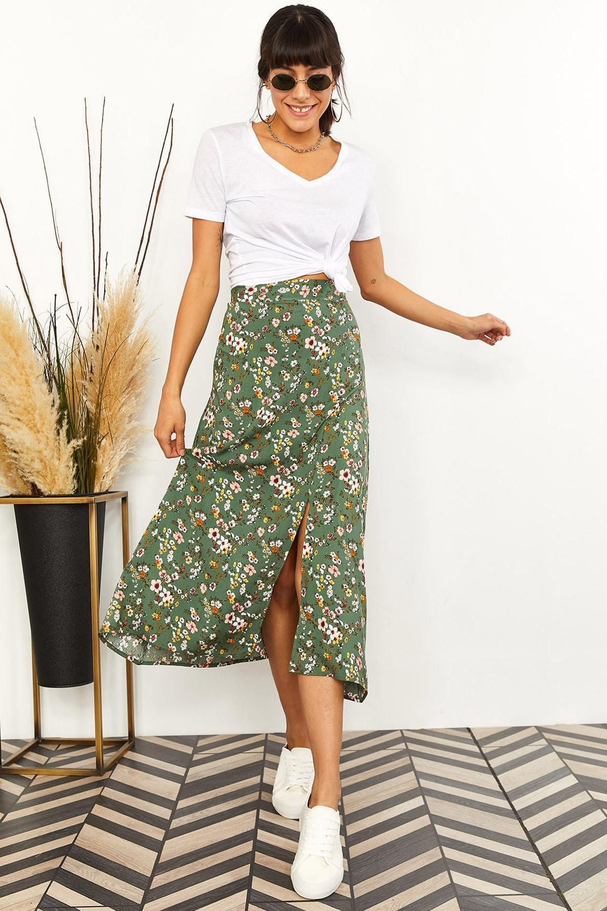 Green Viscose Zipper Skirt, , large image number 0