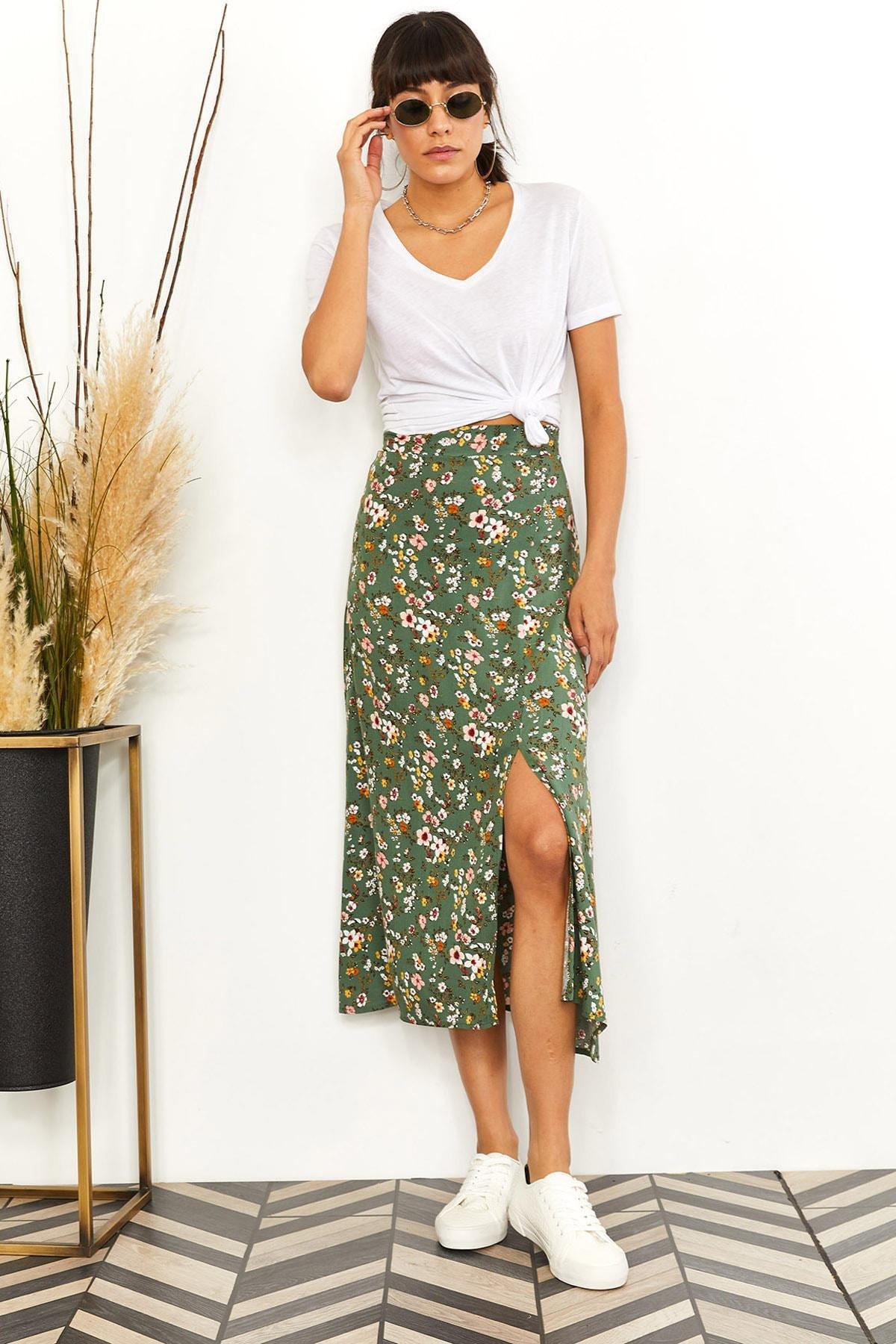 Green Viscose Zipper Skirt, , large image number 1