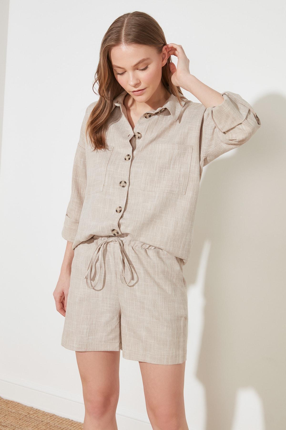 Beige High Waist Straight Shorts, , large image number 0