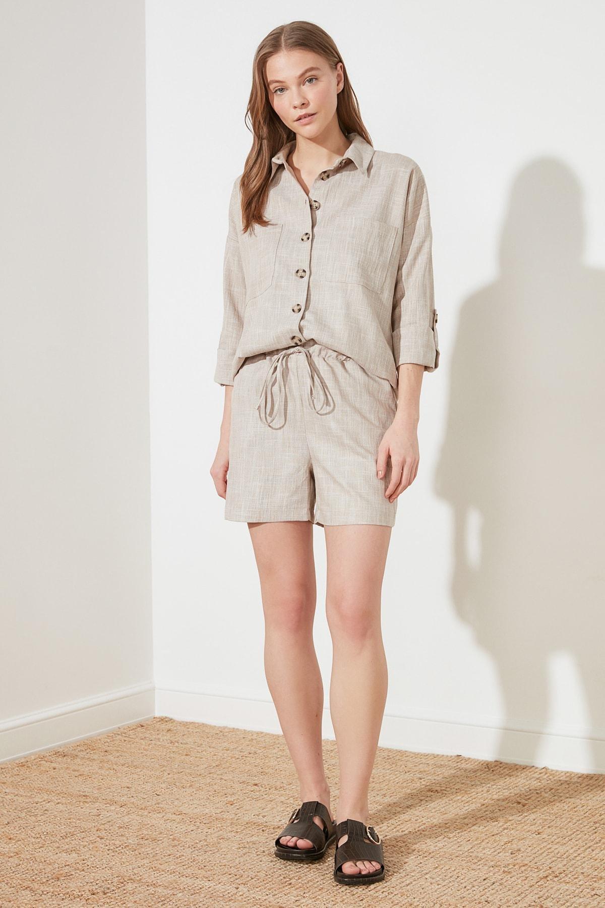 Beige High Waist Straight Shorts, , large image number 2