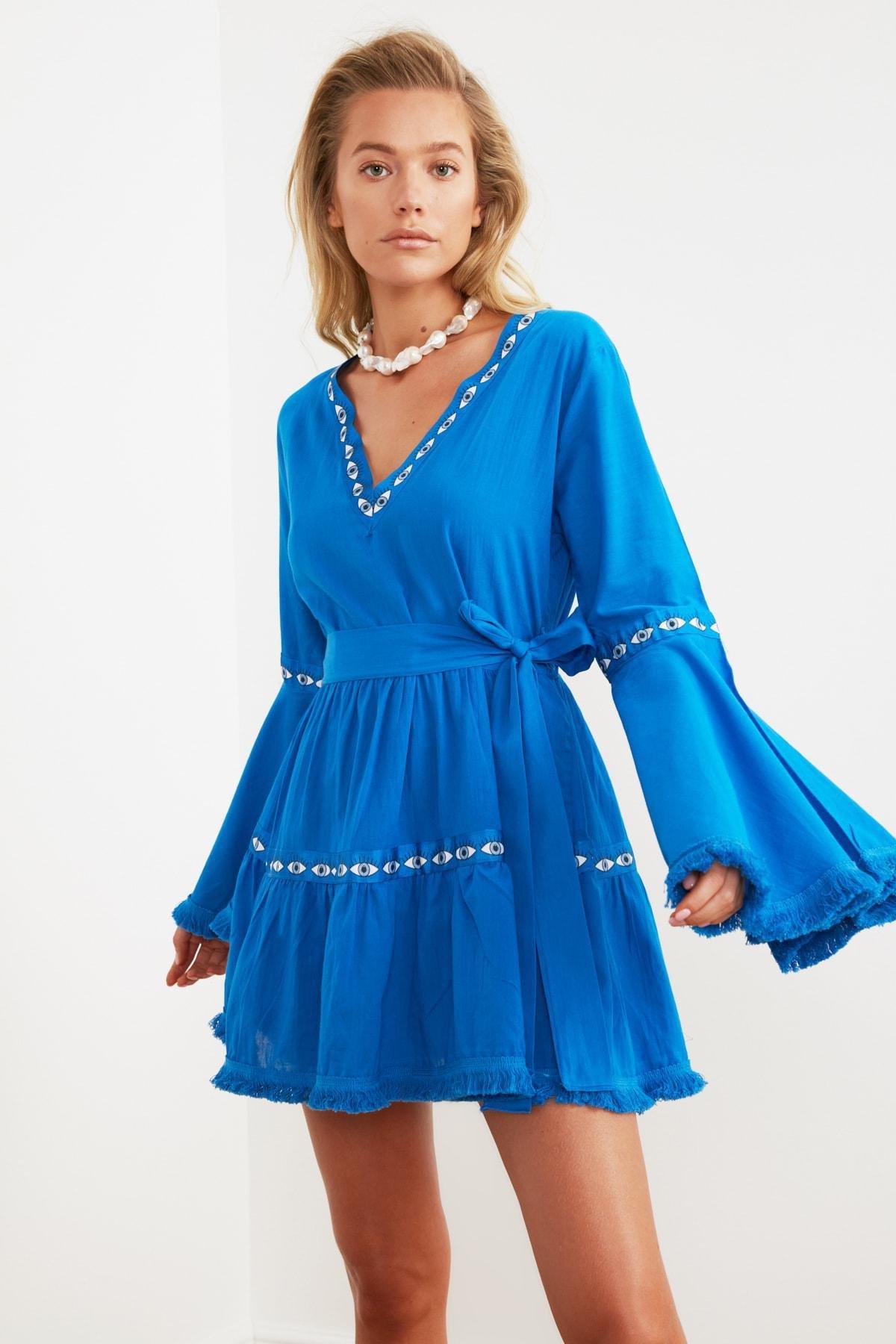 Blue Skater Crew Neck Dress, , large image number 0