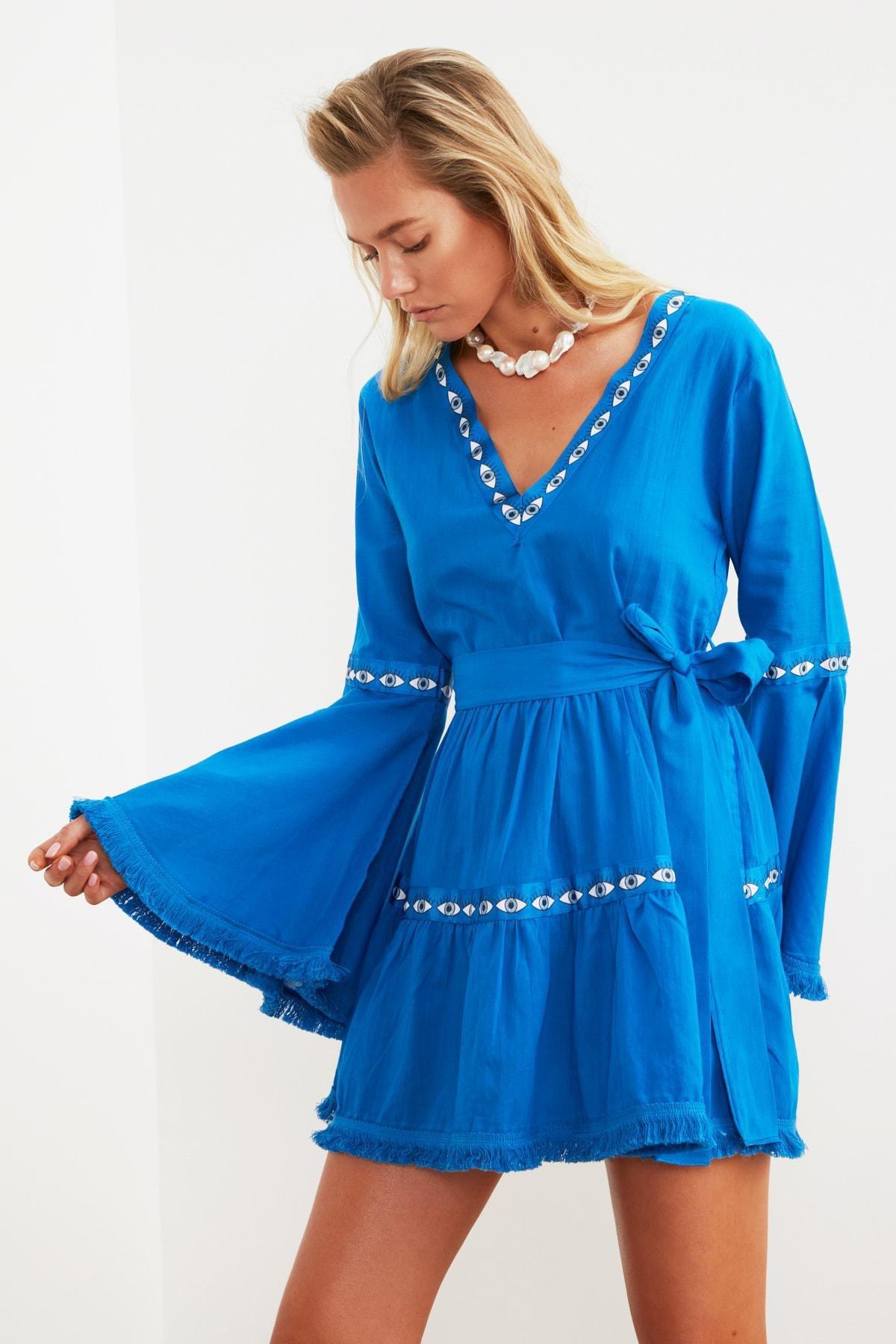 Blue Skater Crew Neck Dress, , large image number 1