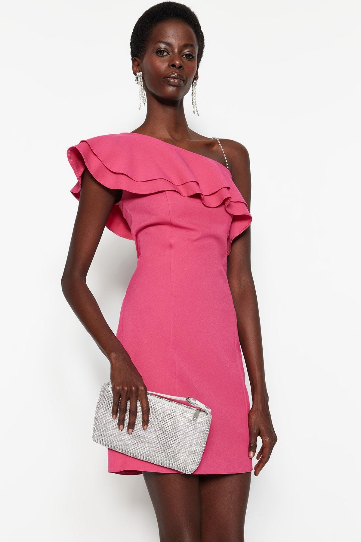 Pink Shift Asymmetrical Collar Dress, , large image number 1