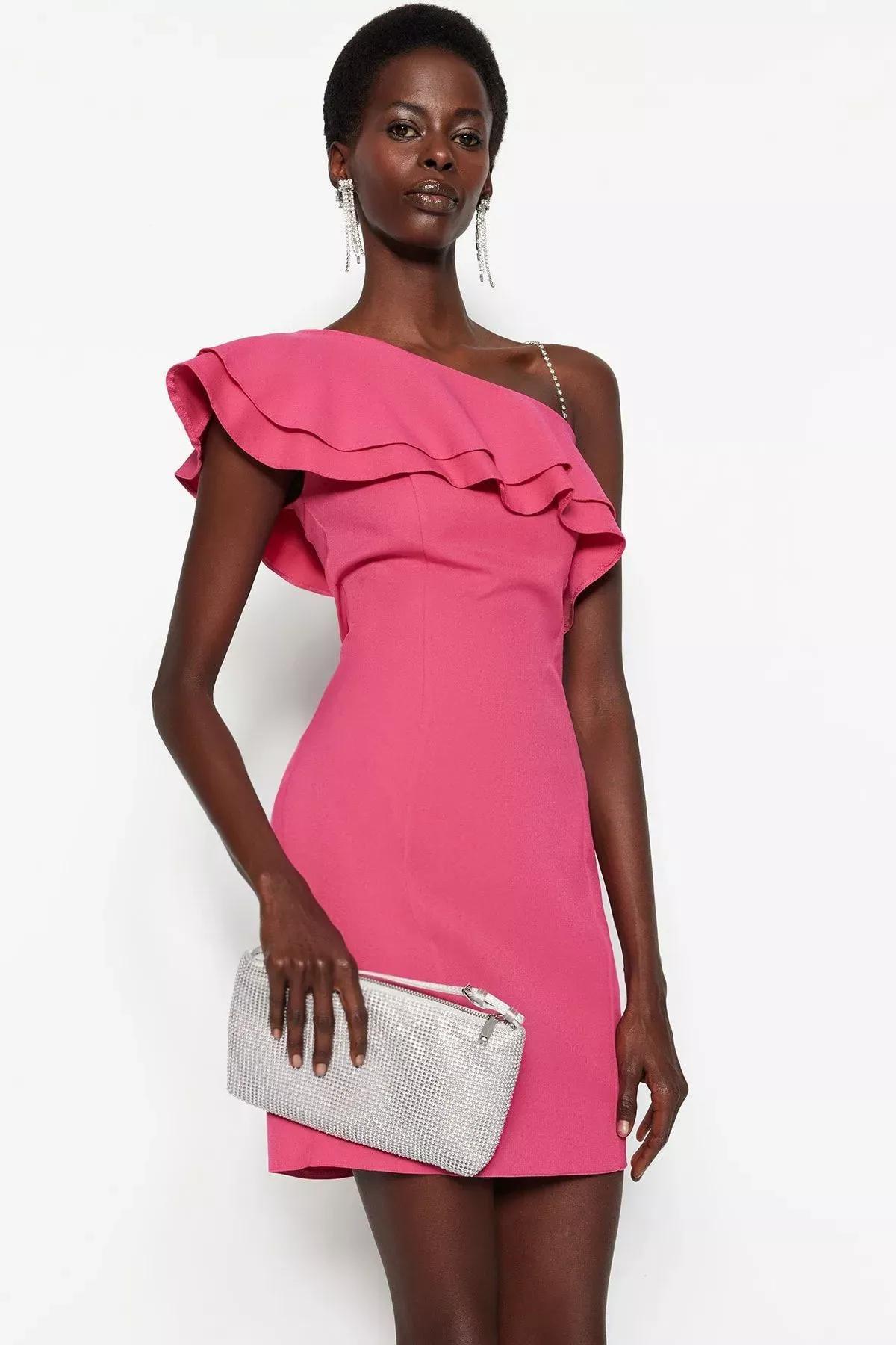 Pink Shift Asymmetrical Collar Dress, Pink, large image number 1