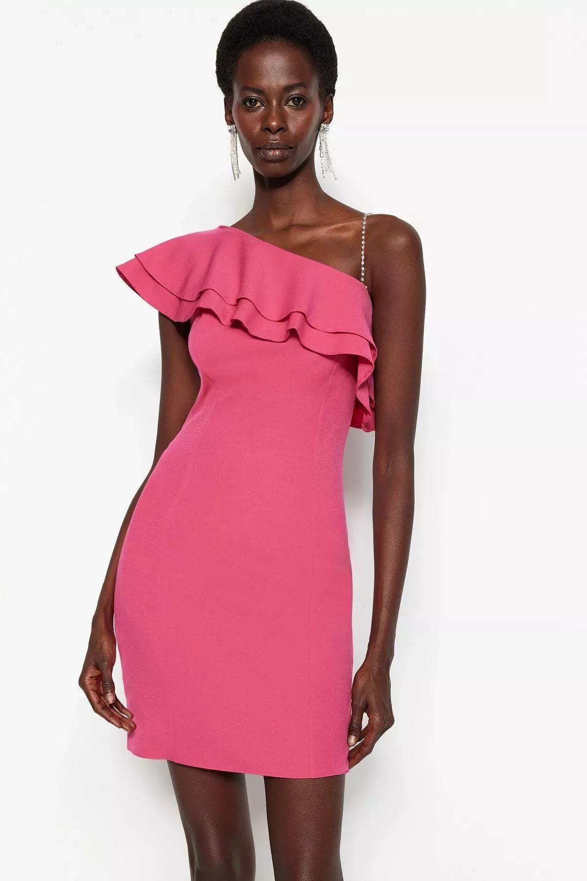 Pink Shift Asymmetrical Collar Dress, Pink, large image number 2