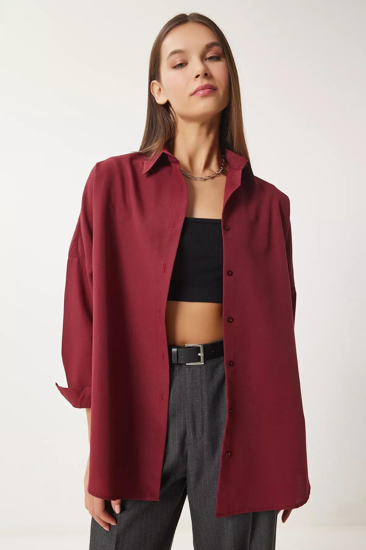Red Oversize Long Basic Shirt, , large image number 0