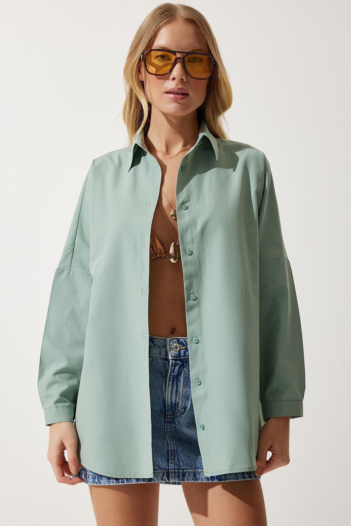Green Oversized Basic Shirt, CAGLA GREEN, large image number 3
