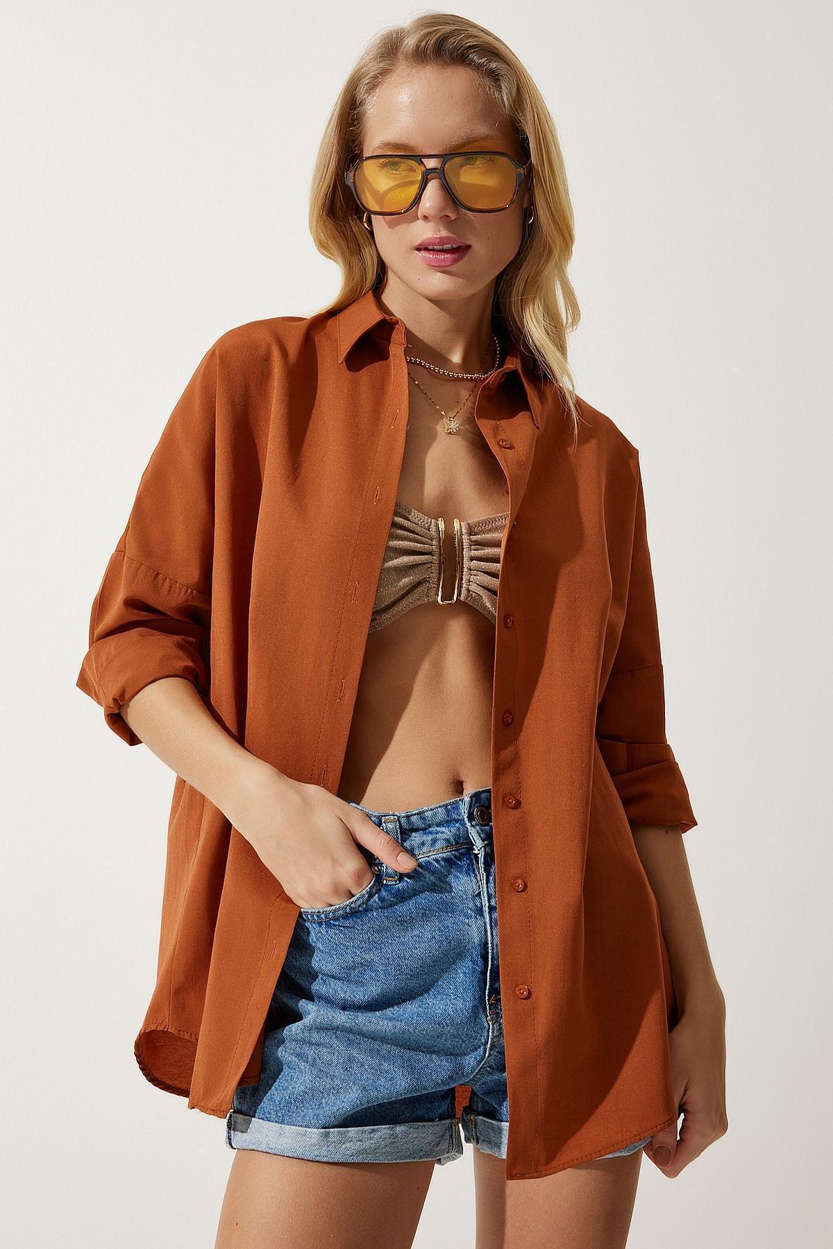 Orange Oversize Long Basic Shirt, Cinnamon, large image number 0