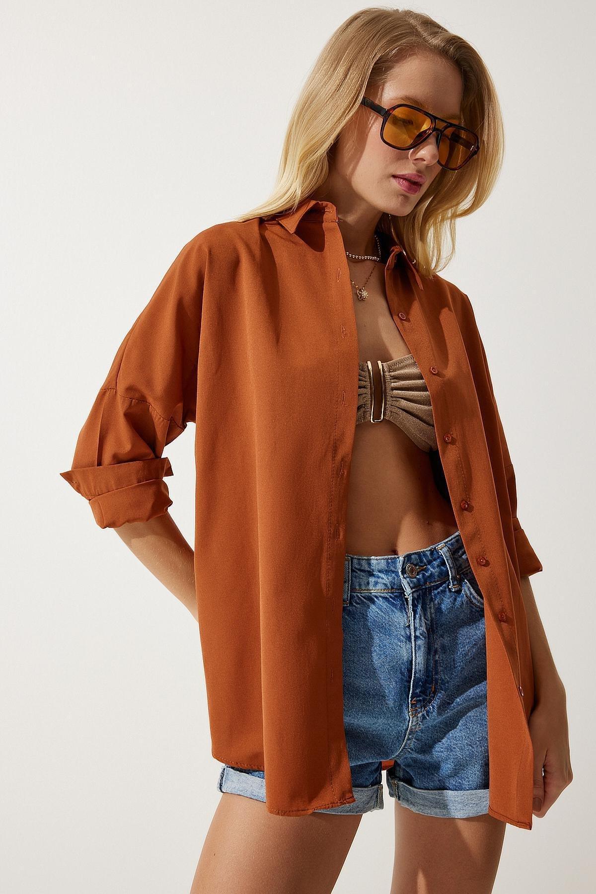 Orange Oversize Long Basic Shirt, Cinnamon, large image number 1