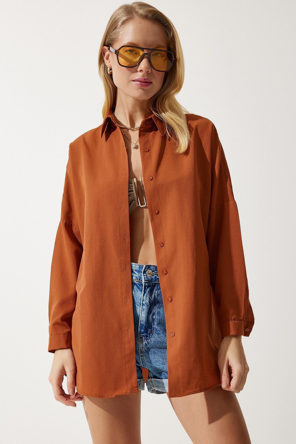 Orange Oversize Long Basic Shirt, Cinnamon, large image number 2