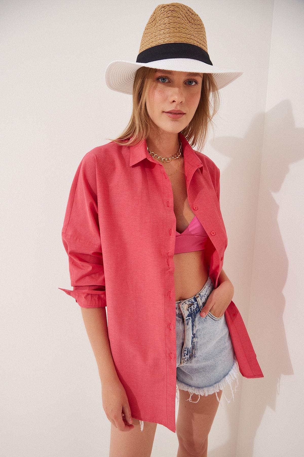 Pink Oversized Basic Shirt, Pomegranate flower, large image number 1