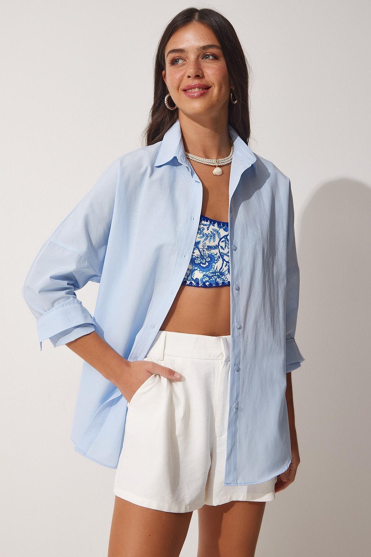 Happiness Istanbul - Blue Oversized Basic Shirt