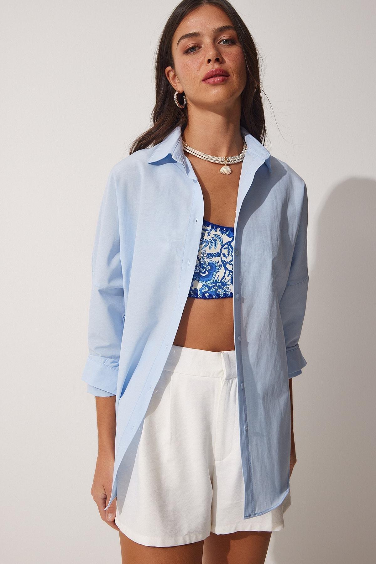 Happiness Istanbul - Blue Oversized Basic Shirt