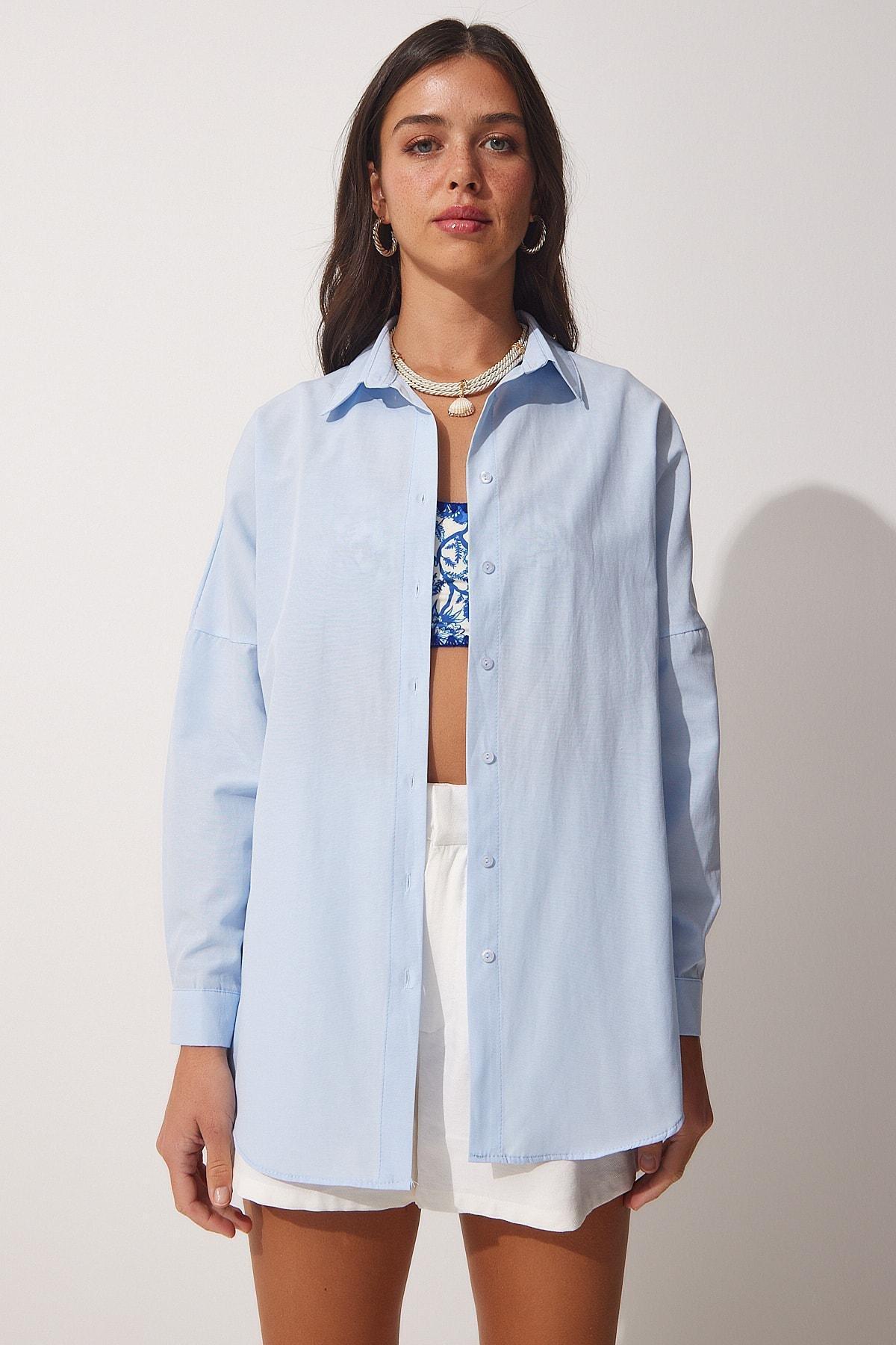 Happiness Istanbul - Blue Oversized Basic Shirt