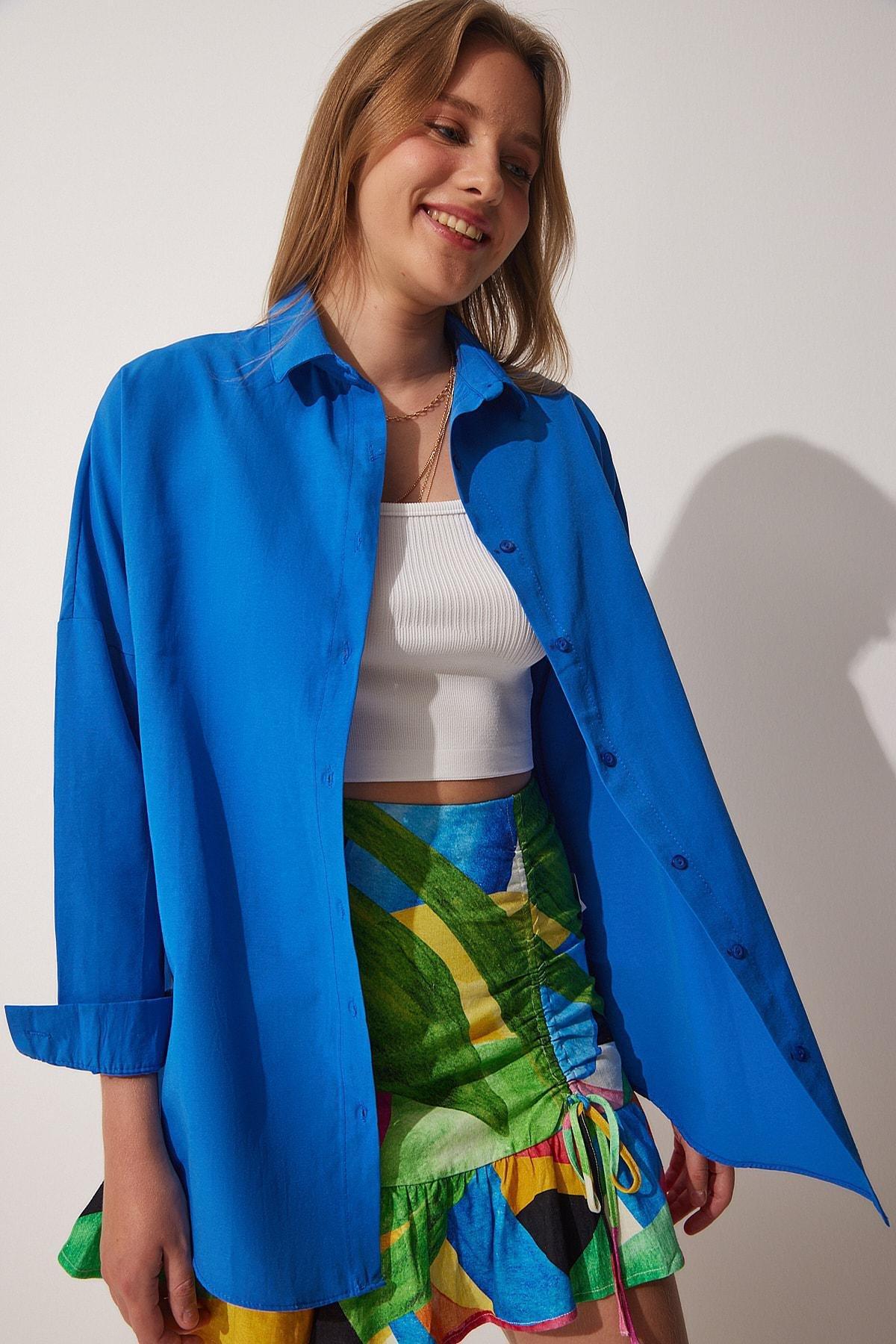 Blue Oversized Basic Shirt, , large image number 1