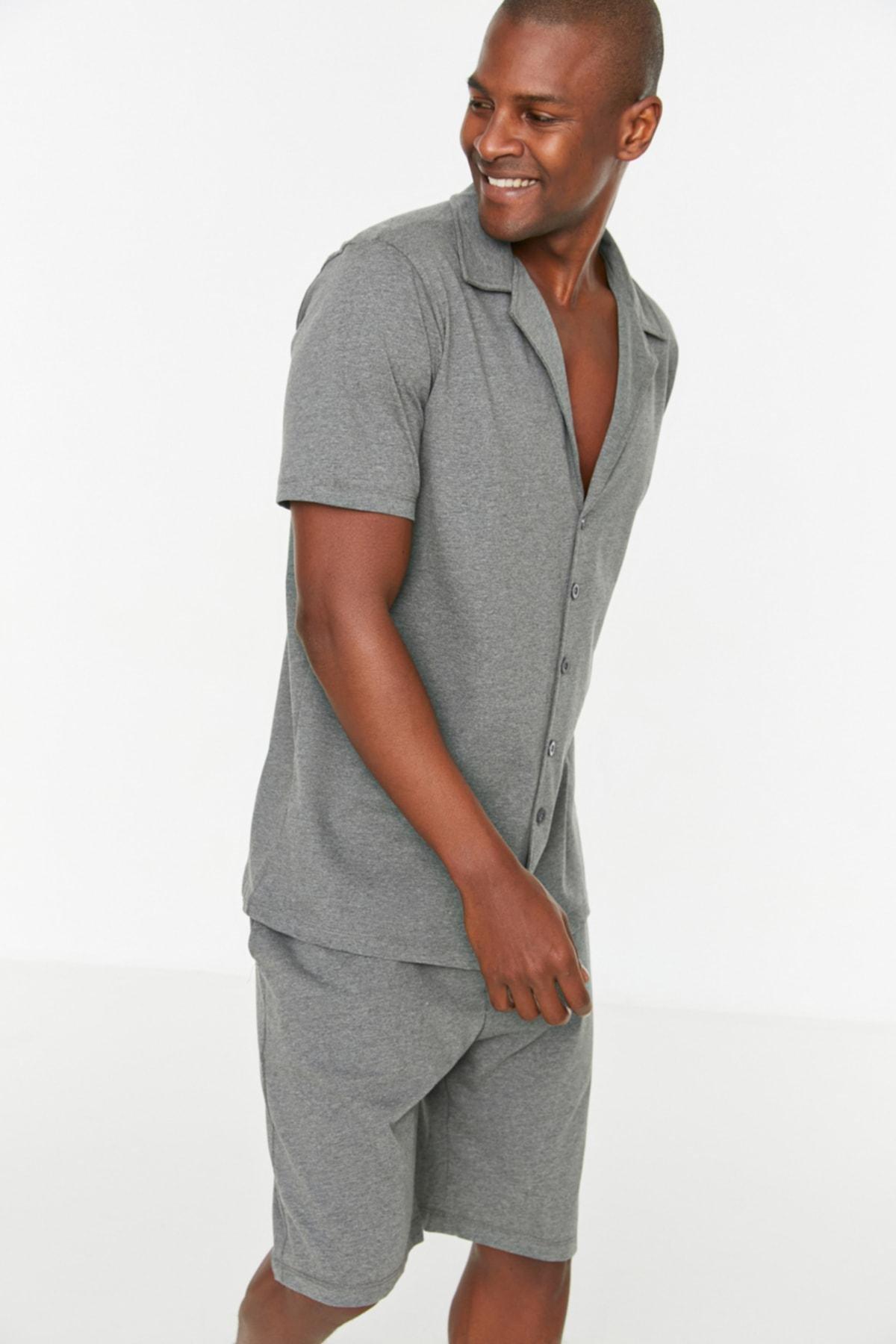 Grey Shirt And Knitted Pajamas Set, , large image number 1