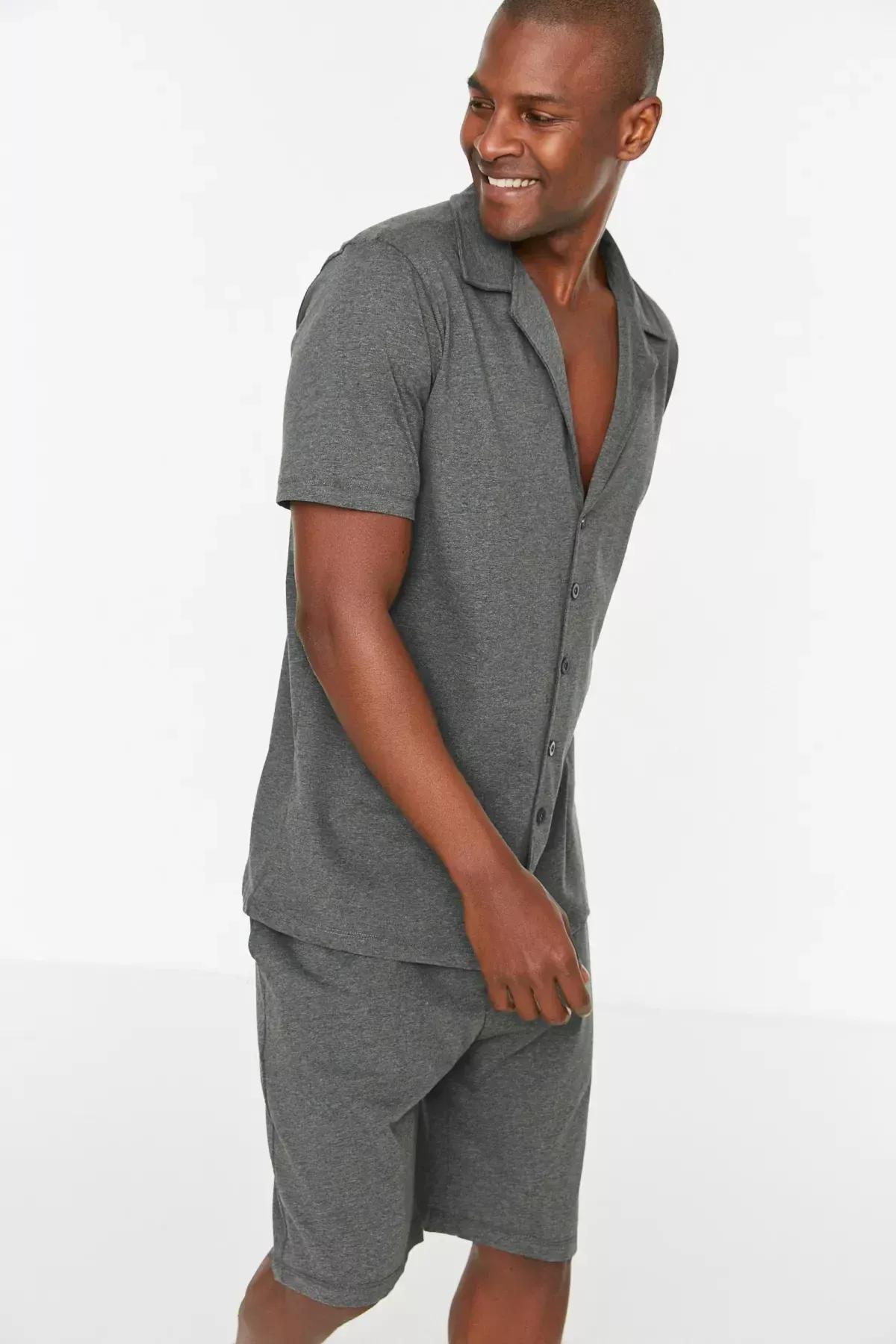 Grey Shirt And Knitted Pajamas Set, Black, large image number 6