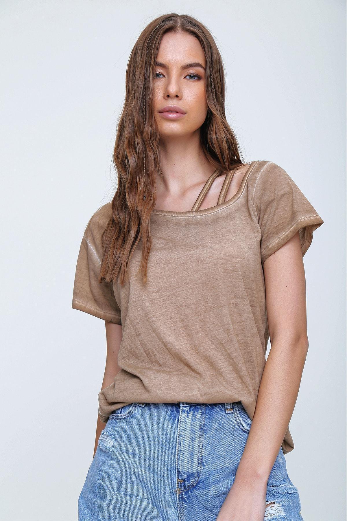 Beige Asymmetrical Collar T-Shirt, Beige, large image number 0