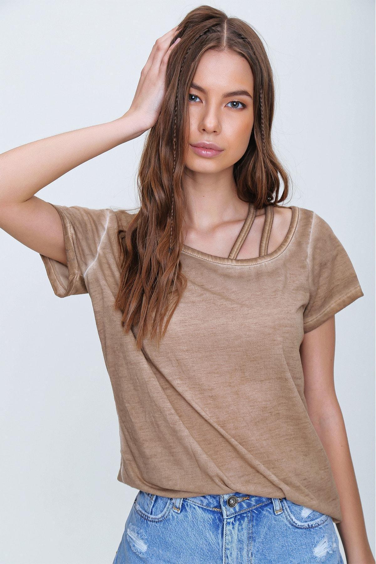 Beige Asymmetrical Collar T-Shirt, Beige, large image number 1