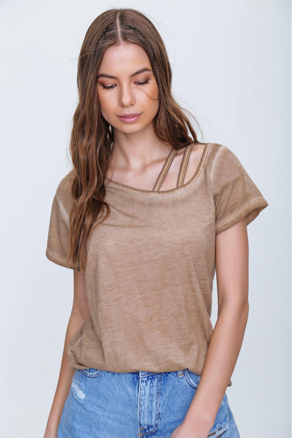 Beige Asymmetrical Collar T-Shirt, Beige, large image number 2