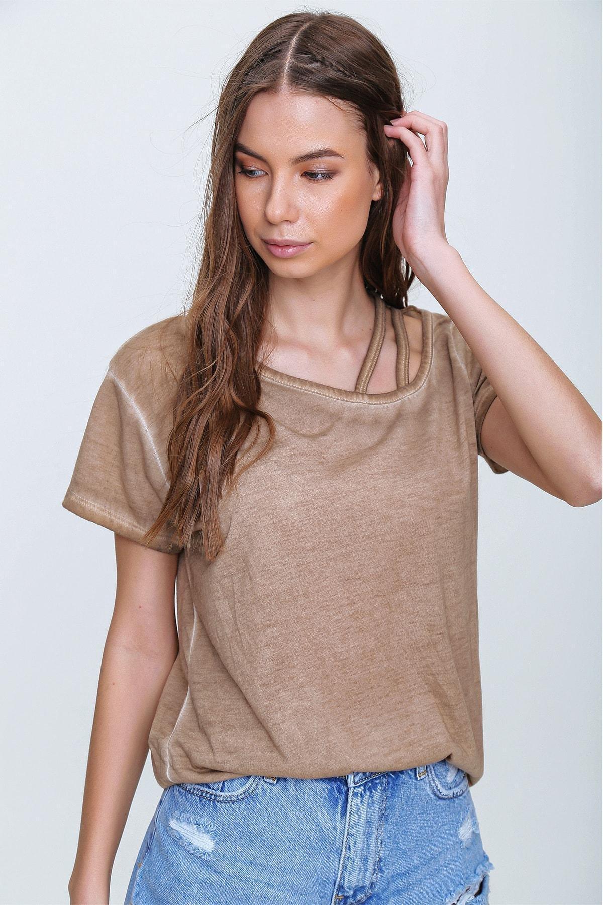Beige Asymmetrical Collar T-Shirt, Beige, large image number 4