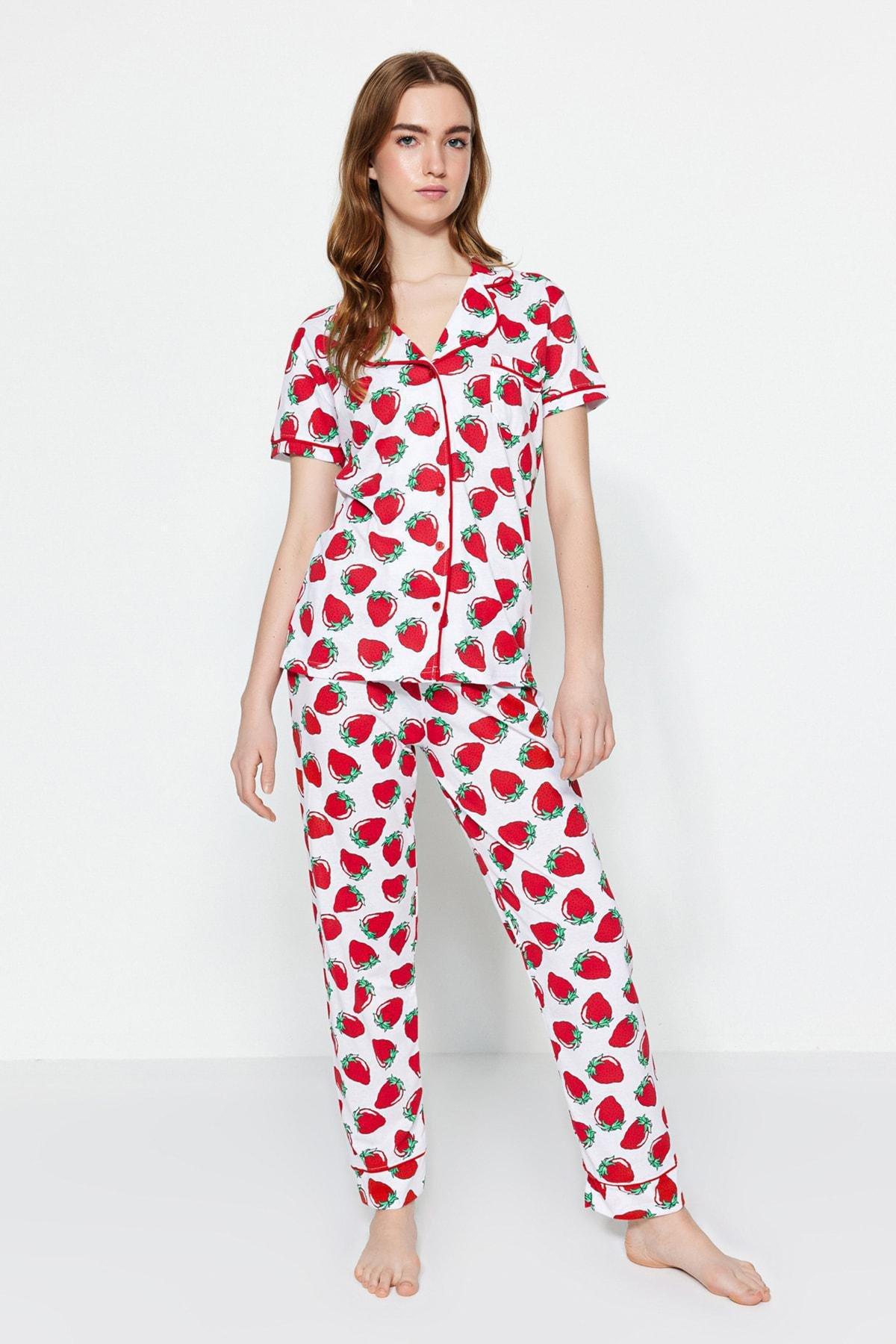 Red Pattern Knitted Pyjama Set, White, large image number 1