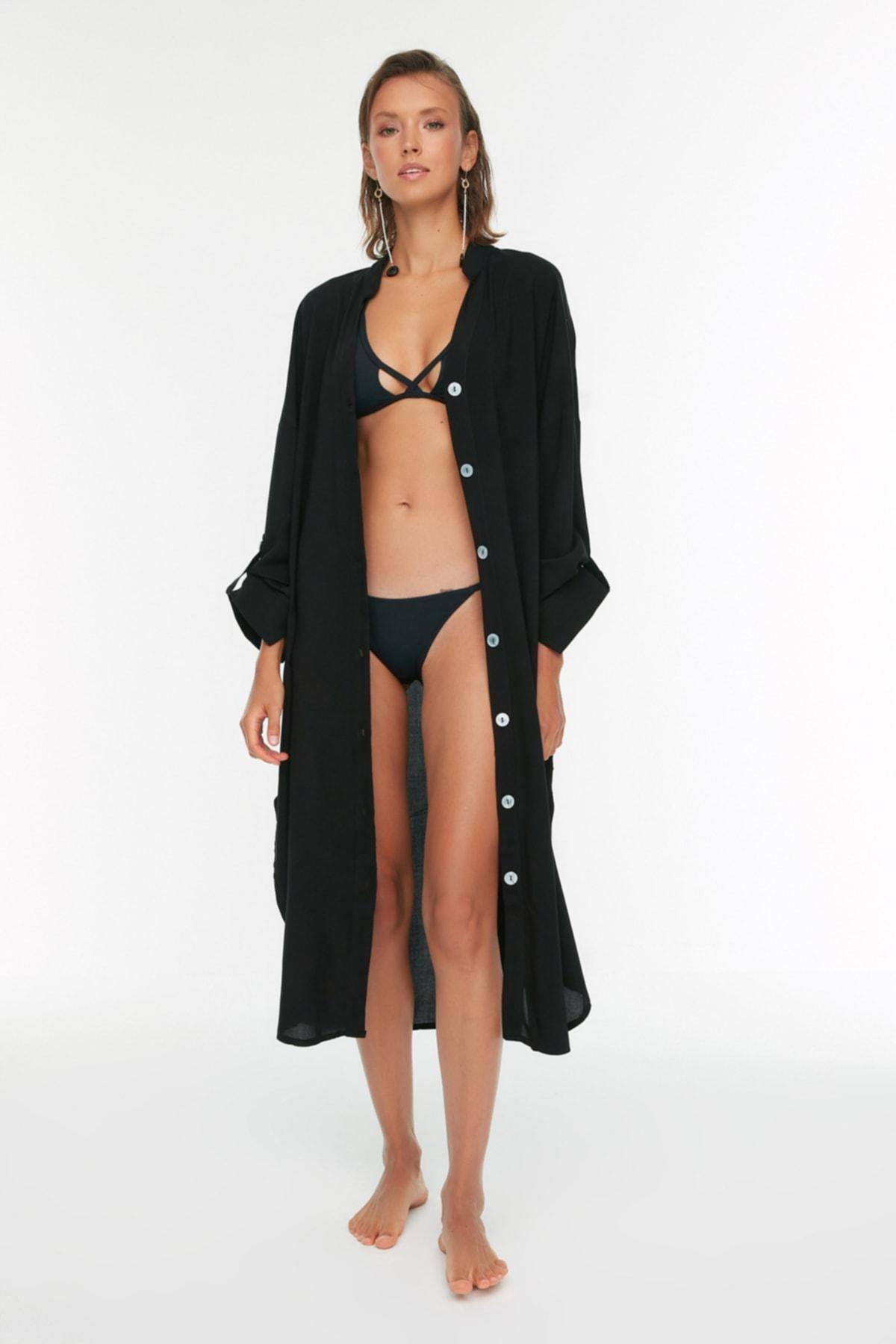 Black V-Neck Off-Shoulder Shirt Dress, , large image number 0