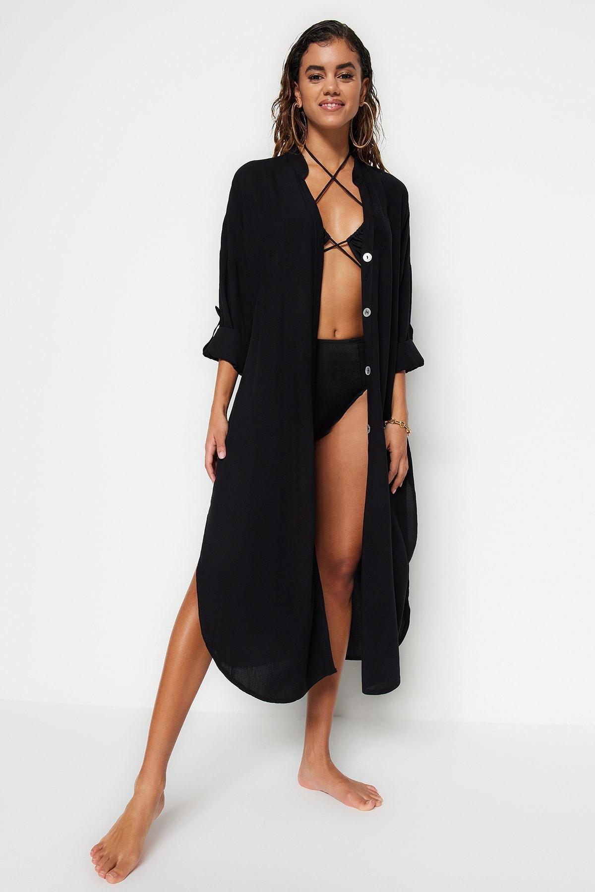 Black V-Neck Off-Shoulder Shirt Dress, , large image number 1