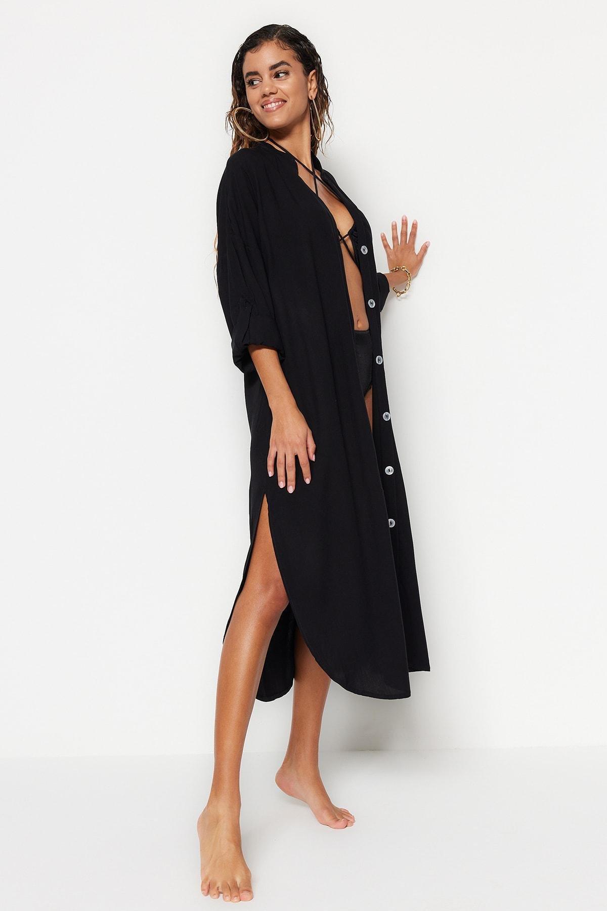 Black V-Neck Off-Shoulder Shirt Dress, , large image number 3