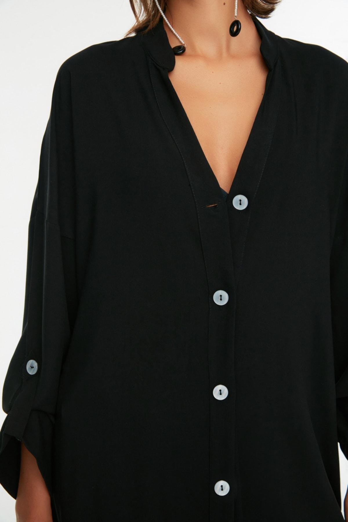 Black V-Neck Off-Shoulder Shirt Dress, , large image number 4